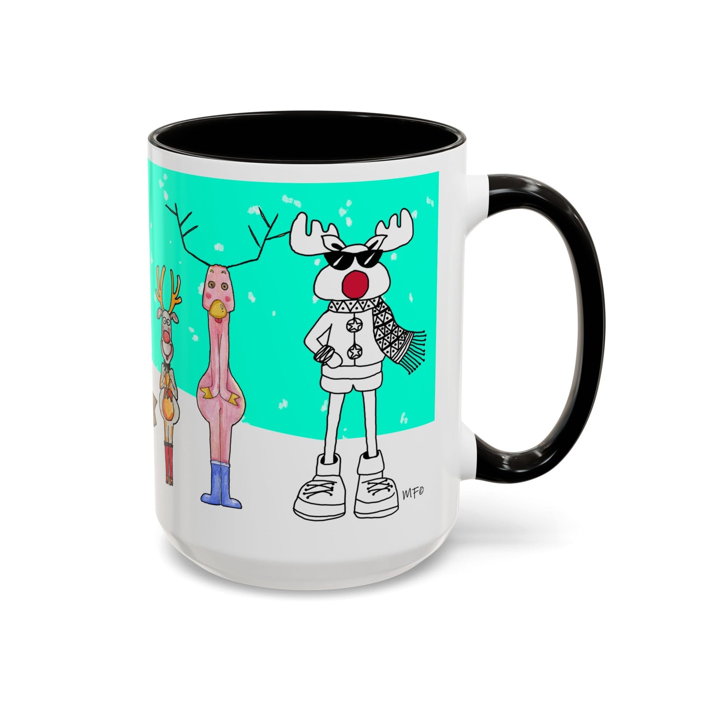 Santa's Job application line up, Christmas Mug, by artist Marie Frederique