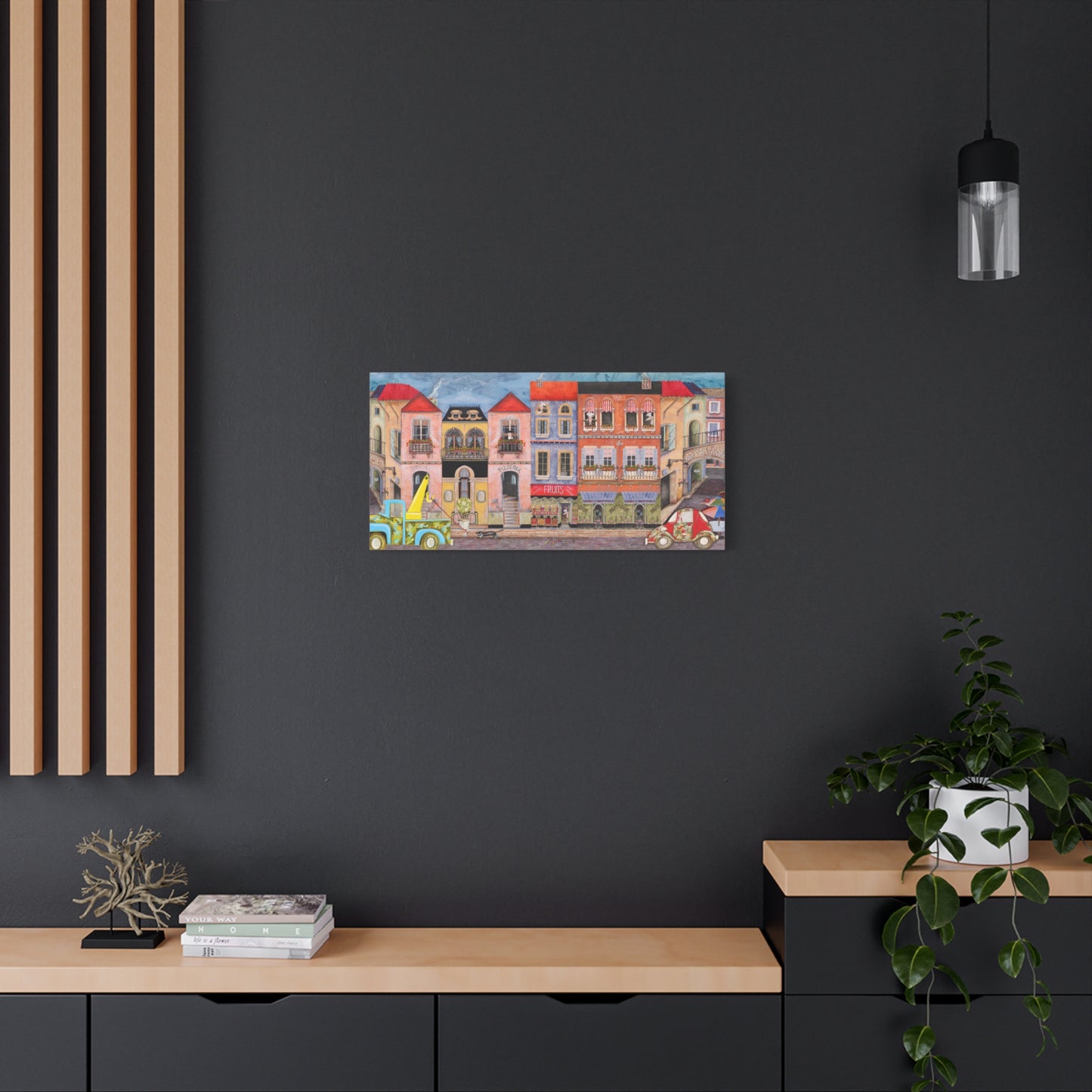 European Street Panorama Canvas Print — Chefetteville, Stretched Matte Wall Art by artist Marie Frederique