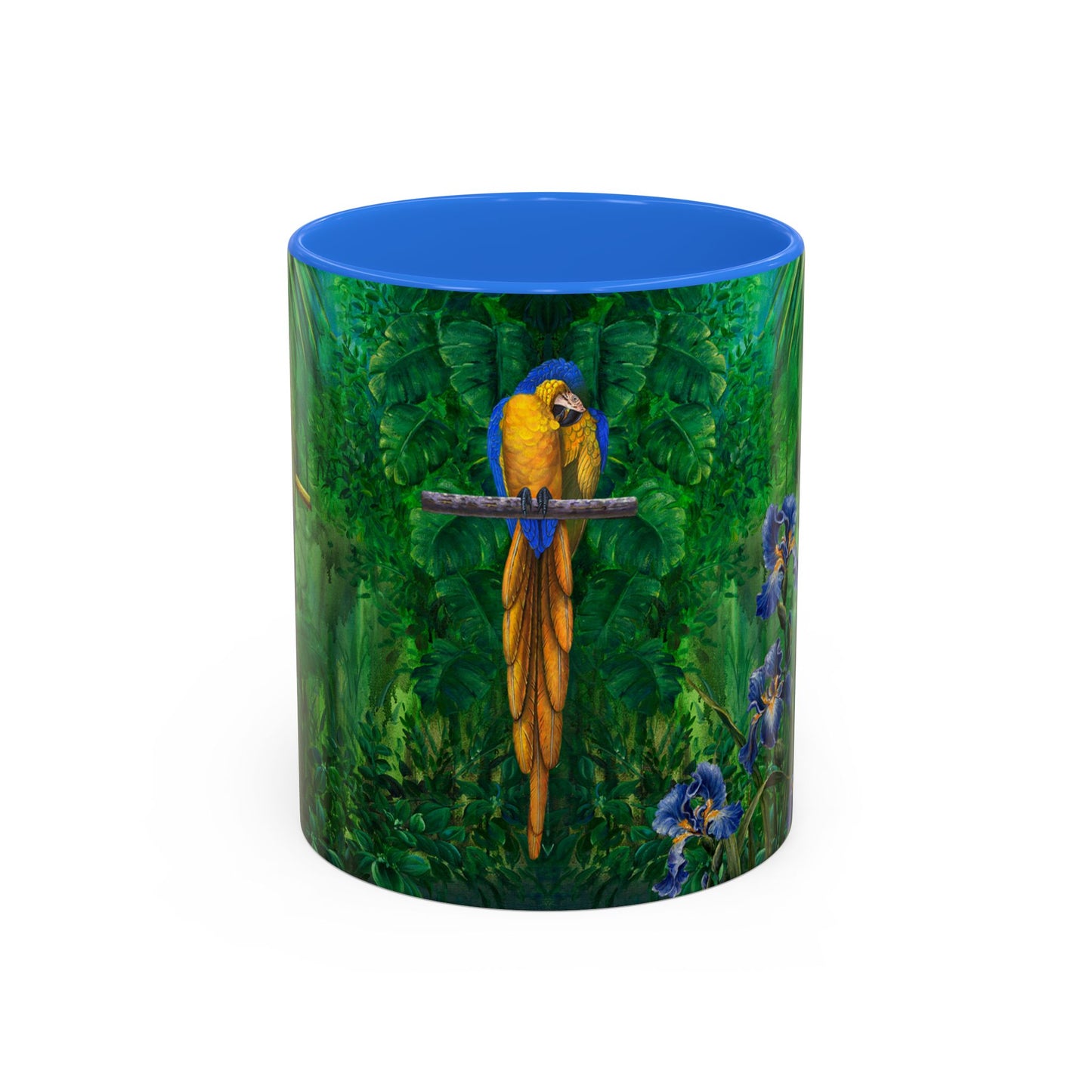 Parrots in Jungle Forest & Blue Iris mug by Artist Marie Frederique
