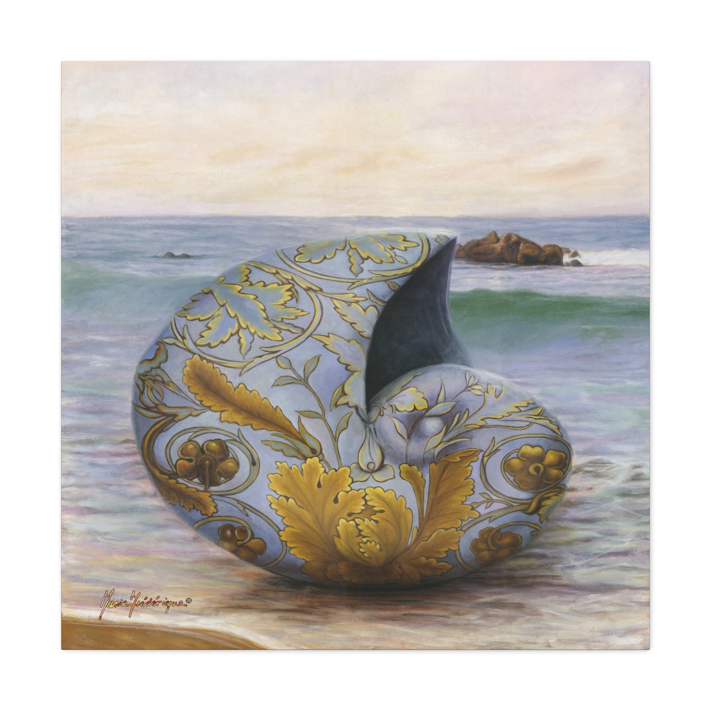 Ocean Tapestry II, Decorative Nautilus Canvas Wall Art – Ornate Shell Beach Print, Matte Stretched 1.25" by artist Marie Frederique