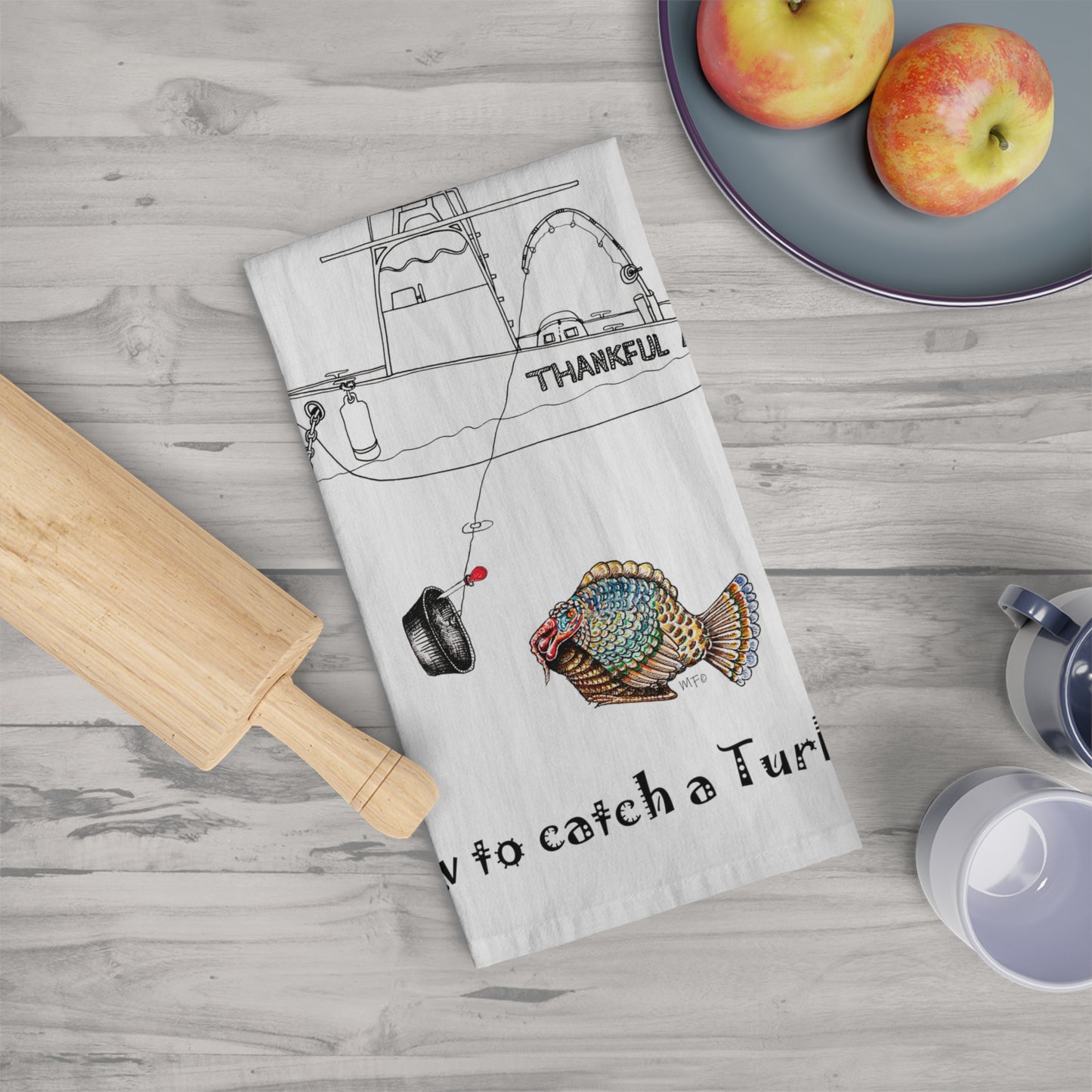 Holiday Tea Towel/Kitchen towel, Festive Season Turkey Fishing Design by artist Marie Frederique
