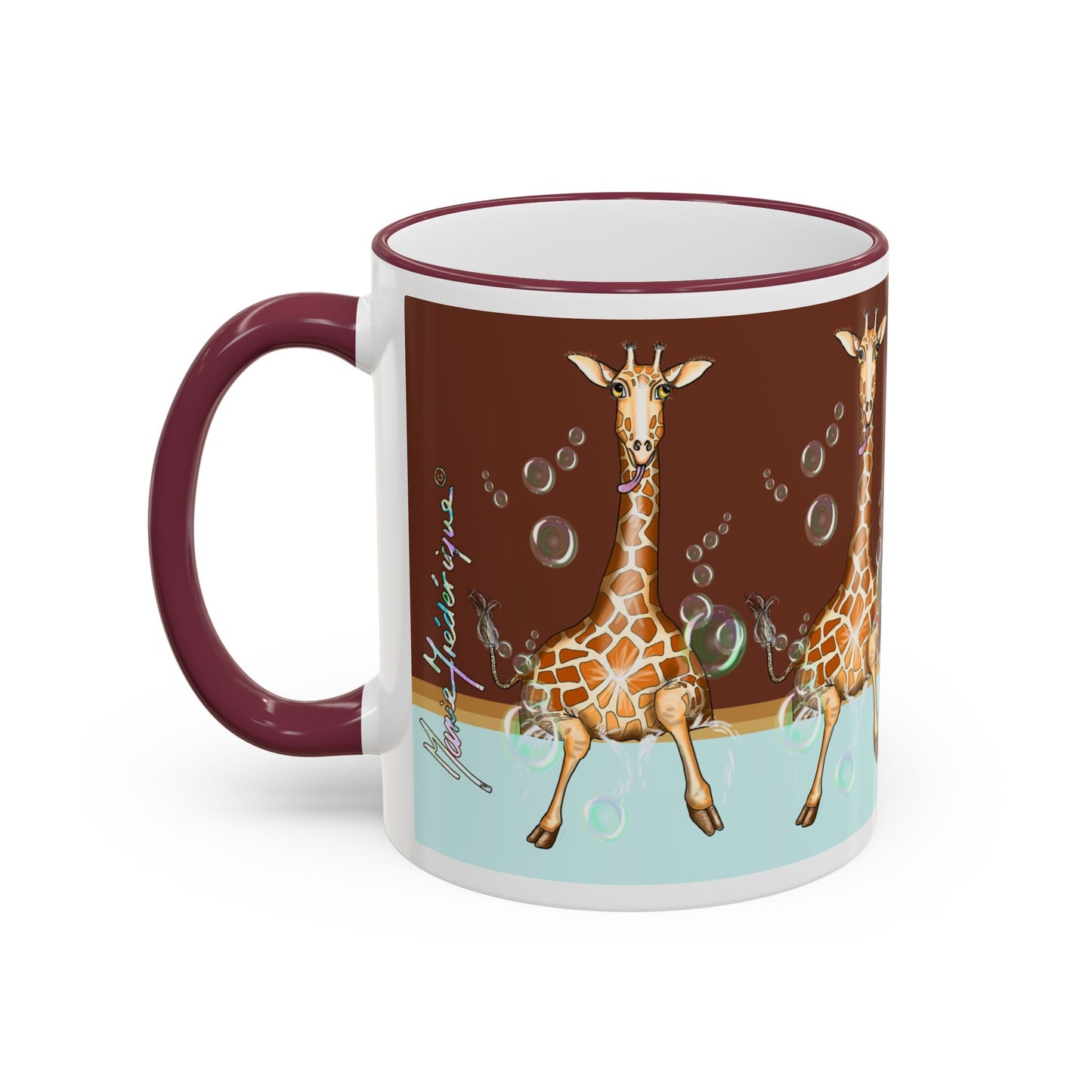Giraffe Bubbles Accent Rim Mug — Cute Safari Animal Coffee Cup (11oz/15oz) by artist Marie Frederique