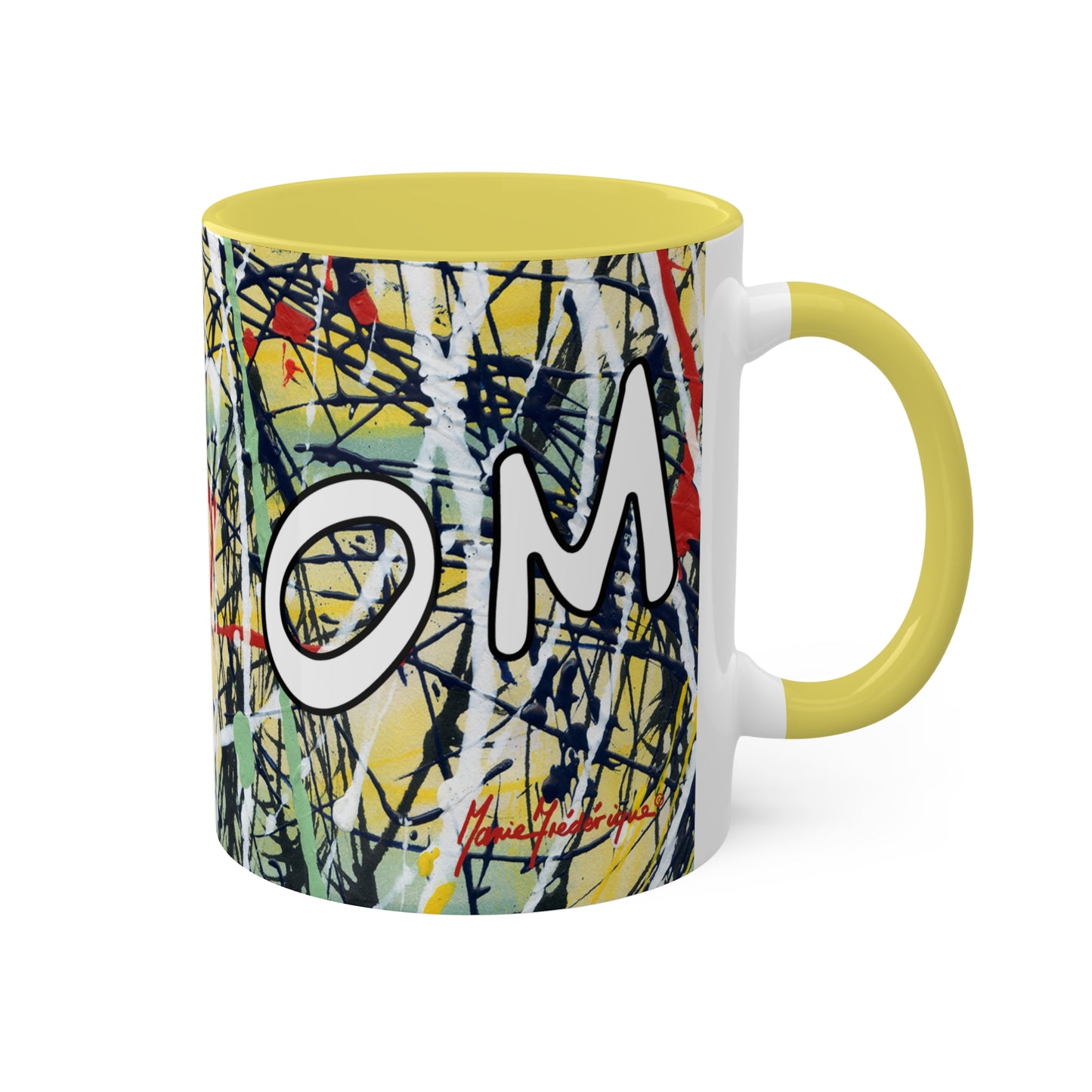 OM/AUM Zen, Abstract expressionist Colorful Mug in 3 colors, Red, Black and Yellow 11oz By Artist Marie Frederique