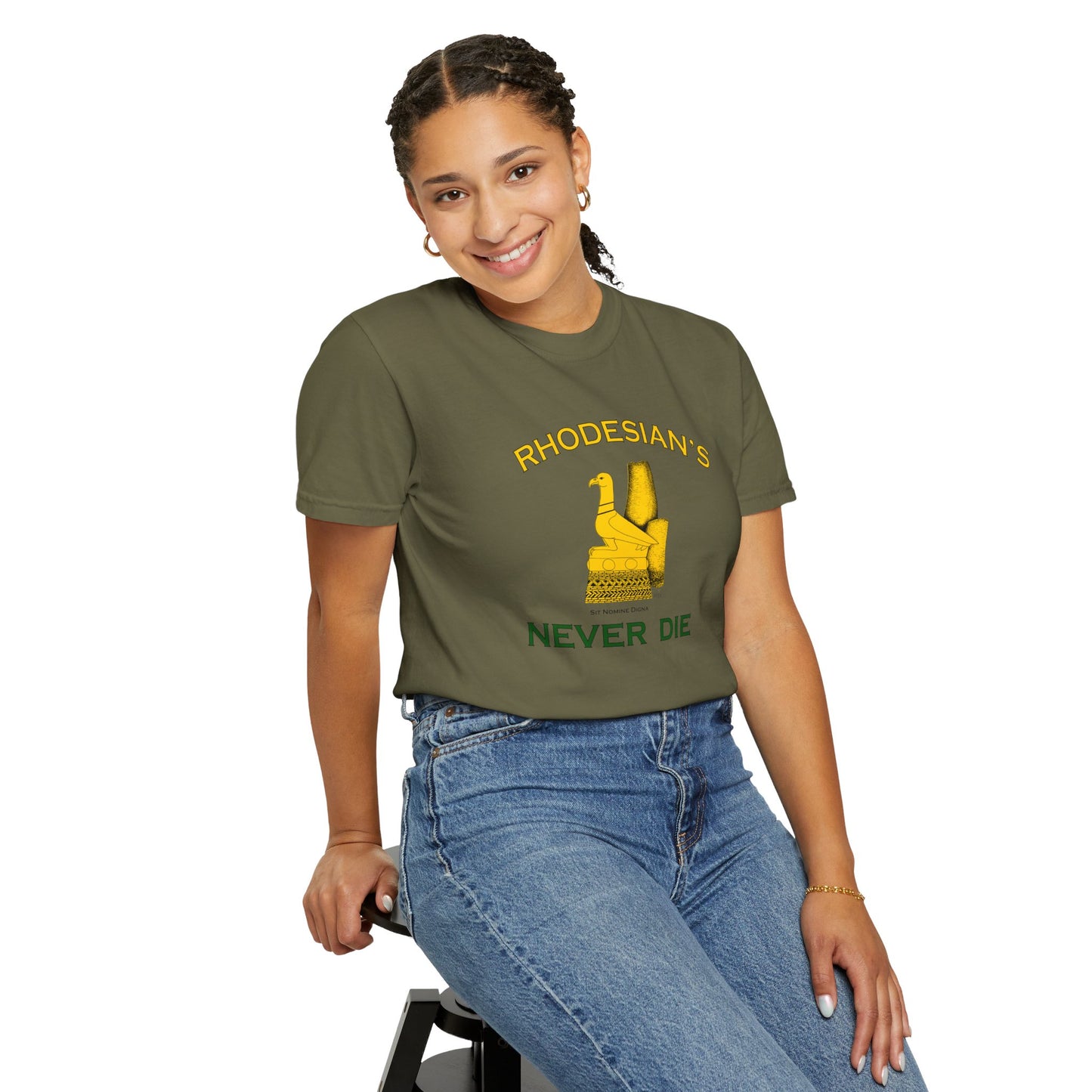 Rhodesian's Never Die, Sit Nomine Digna - Unisex Garment-Dyed T-shirt by artist Marie Frederique