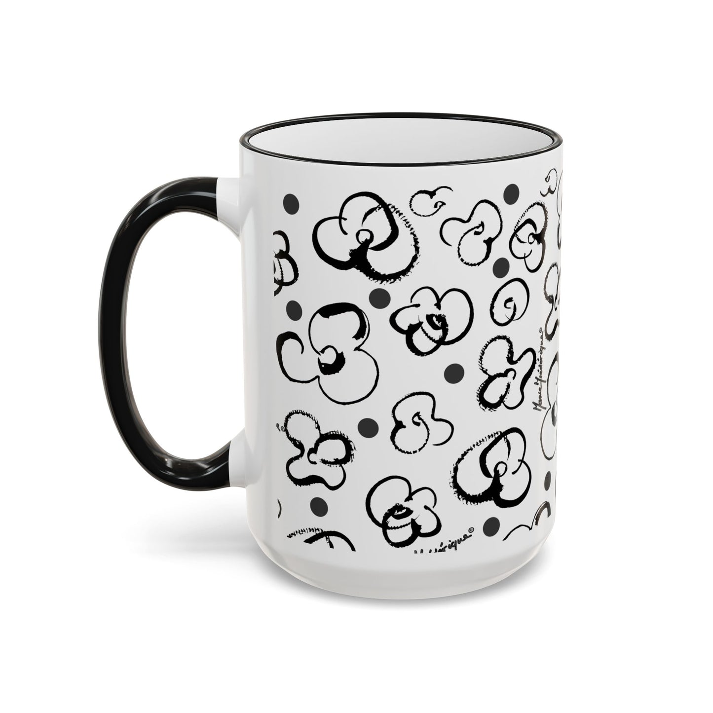 Black & White Floral Brush Doodle Accent Mug (11oz/15oz) by artist Marie Frederique