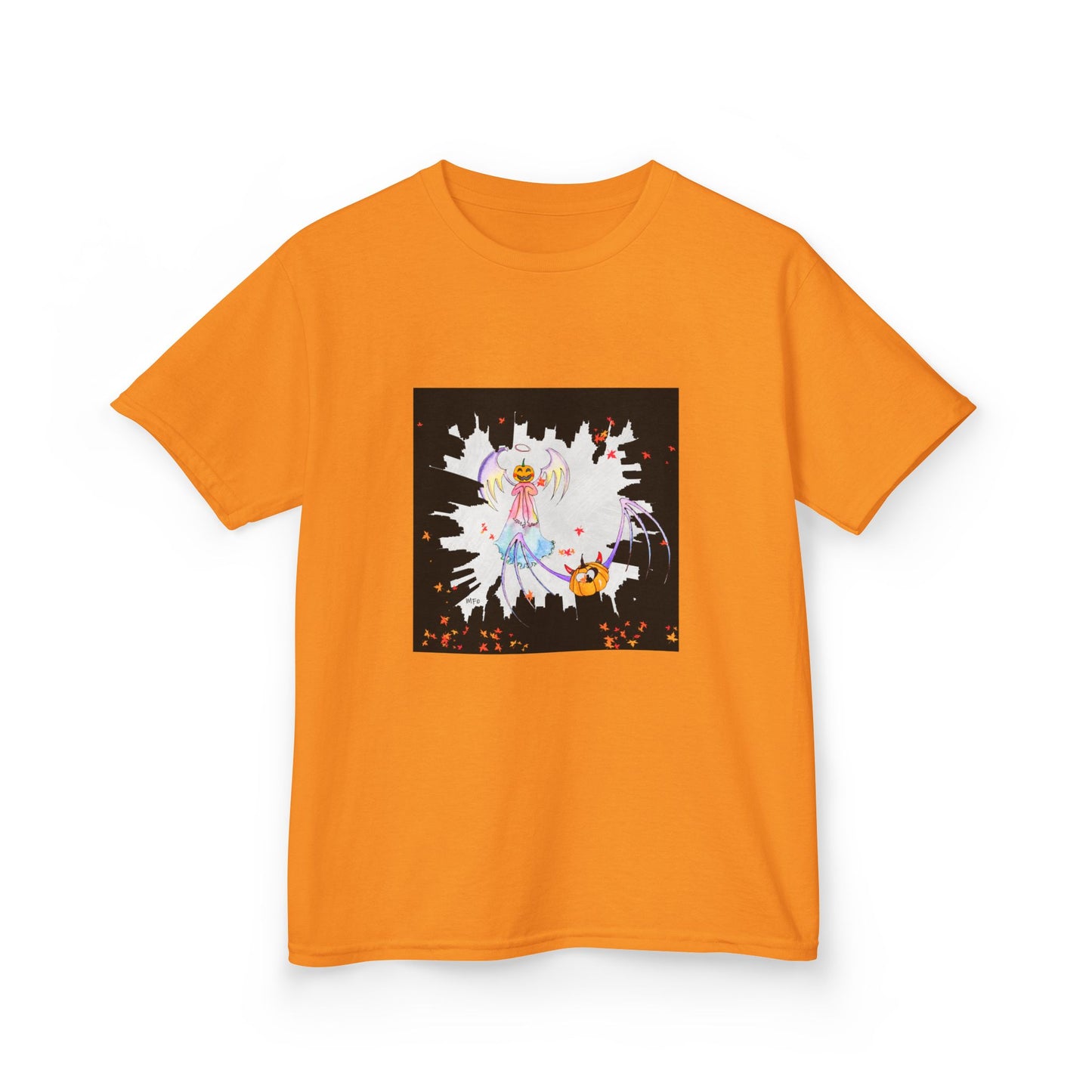 Halloween Angel and Pumpkin Heart Bat - Kids Heavy Cotton™ Tee by artist Marie Frederique
