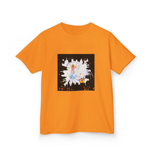 Halloween Angel and Pumpkin Heart Bat - Kids Heavy Cotton™ Tee by artist Marie Frederique