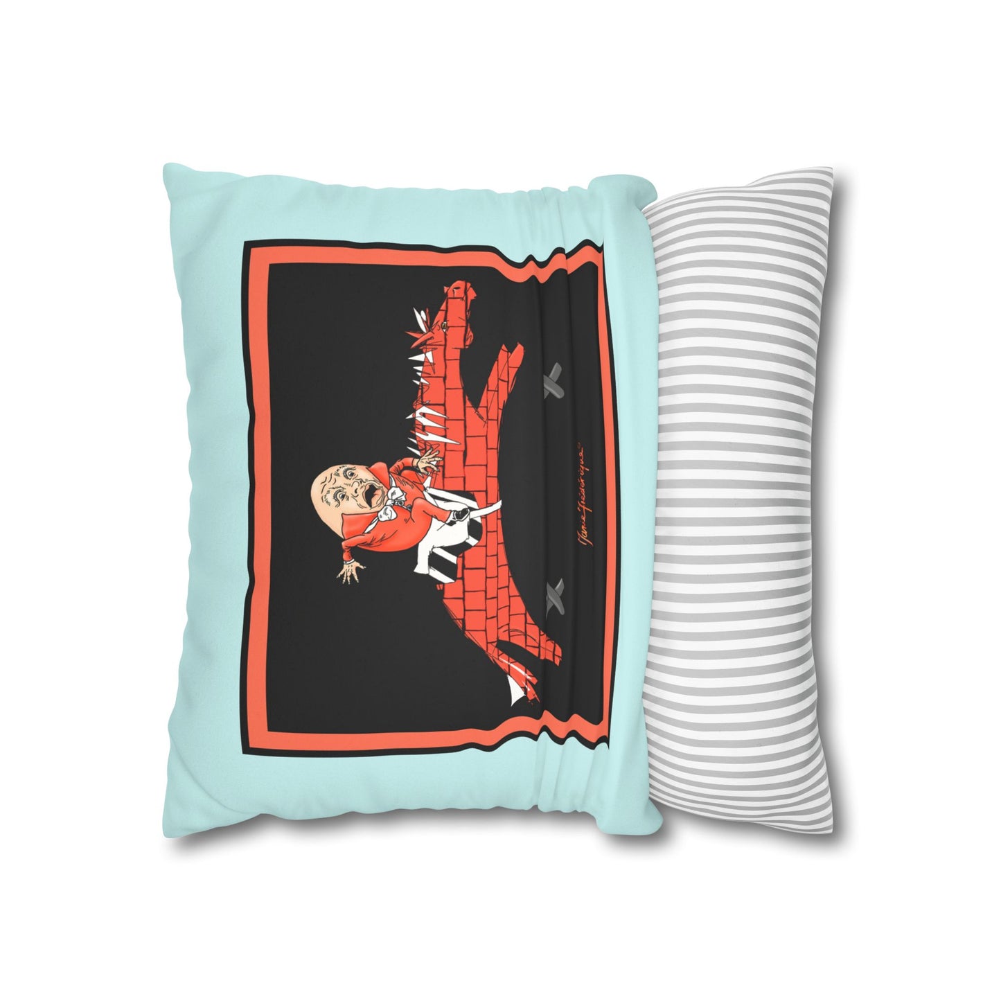 Humpty Jumpty Faux Suede Pillowcase — Retro Graphic Square Throw Pillow Cover by artist Marie Frederique