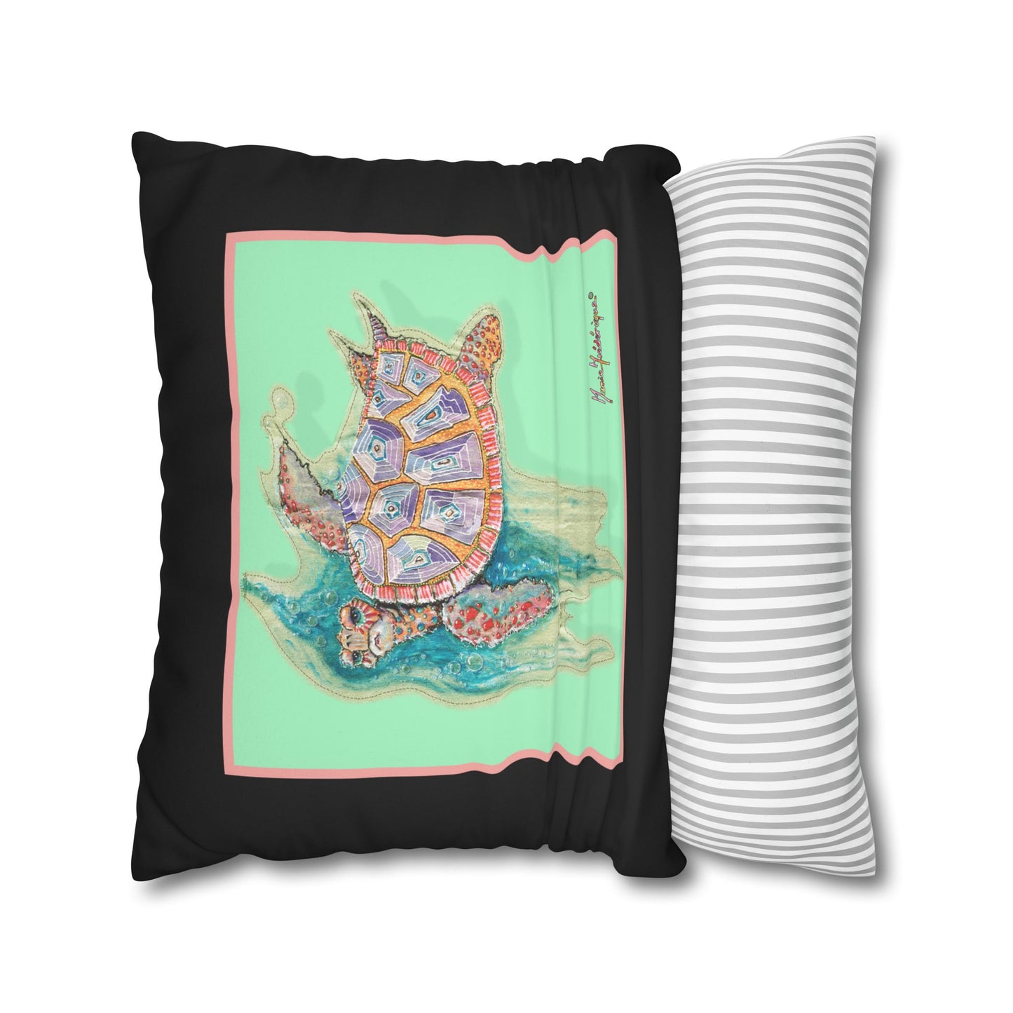 Sea Turtle Art Pillowcase – Colorful Coastal Faux Suede Throw Pillow by artist Marie Frederique