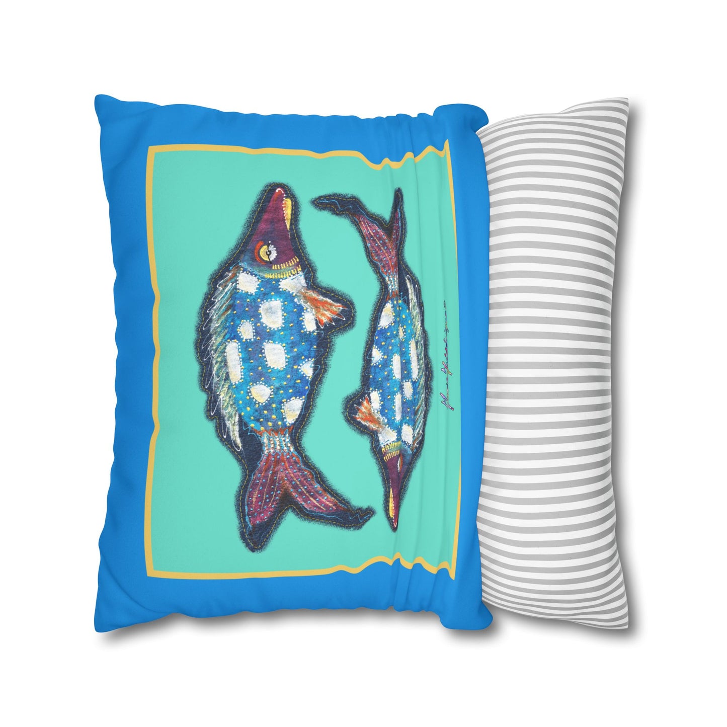 Pisces Fish Faux Suede Pillowcase — Blue Twin Fish Decorative Throw Pillow Cover by artist Marie Frederique