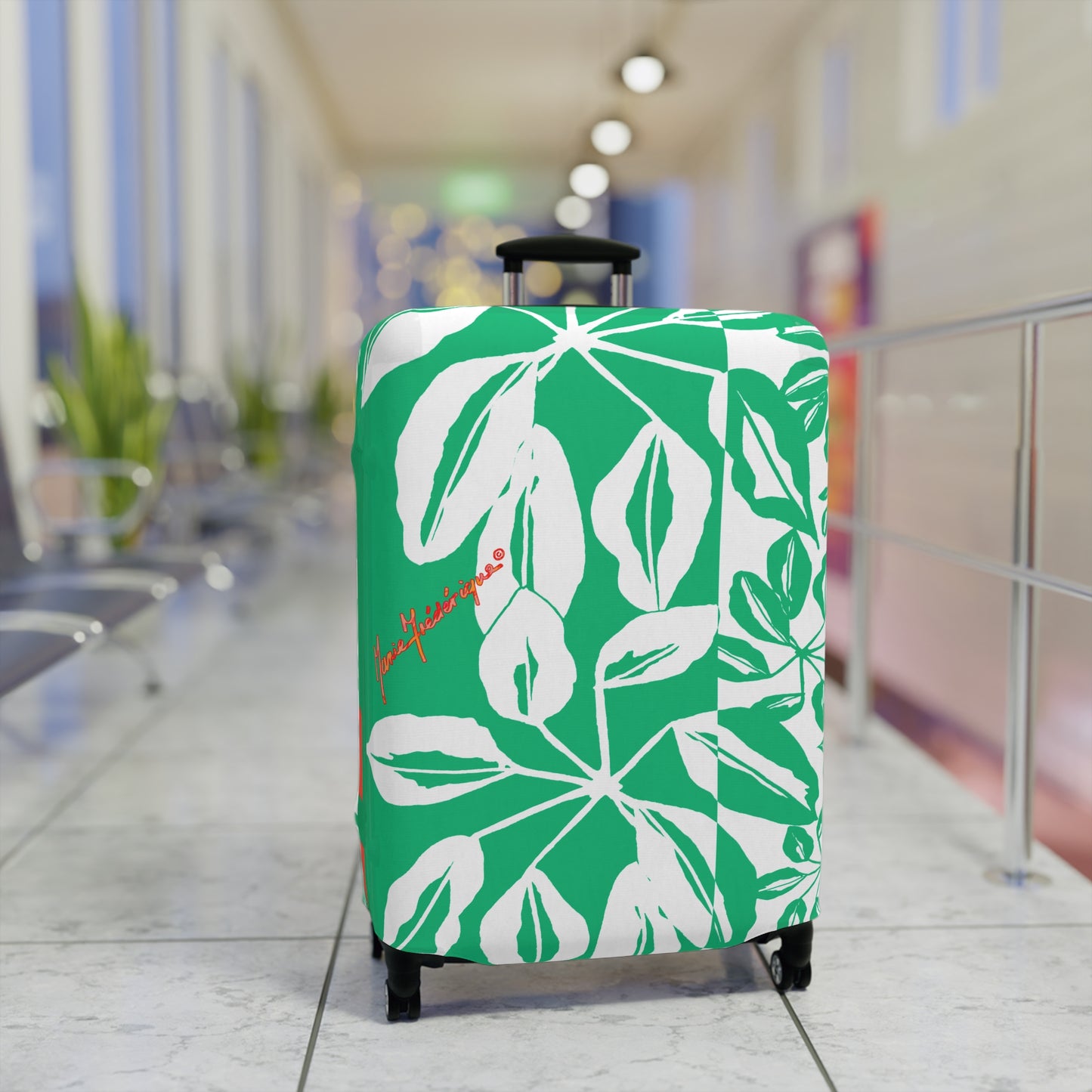 Luggage Cover, Tropical leaves in Green and White by artist Marie Frederique
