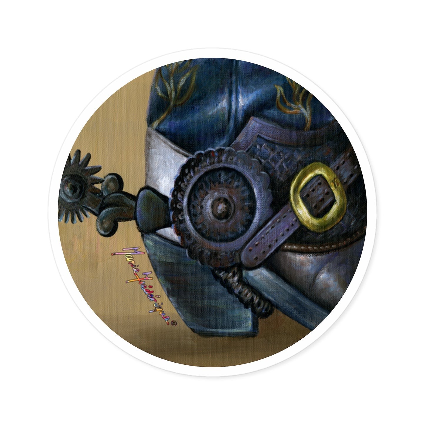 Cowboy boot and spur by Artist Marie Frederique, Round Stickers, Indoor\Outdoor