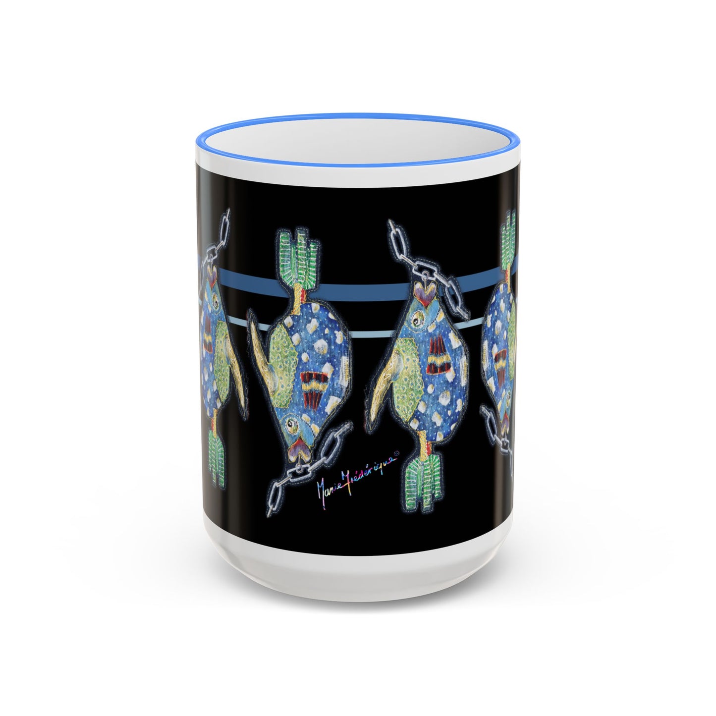 Fish on a Line Accent Rim Mug (11oz/15oz) by artist Marie Frederique