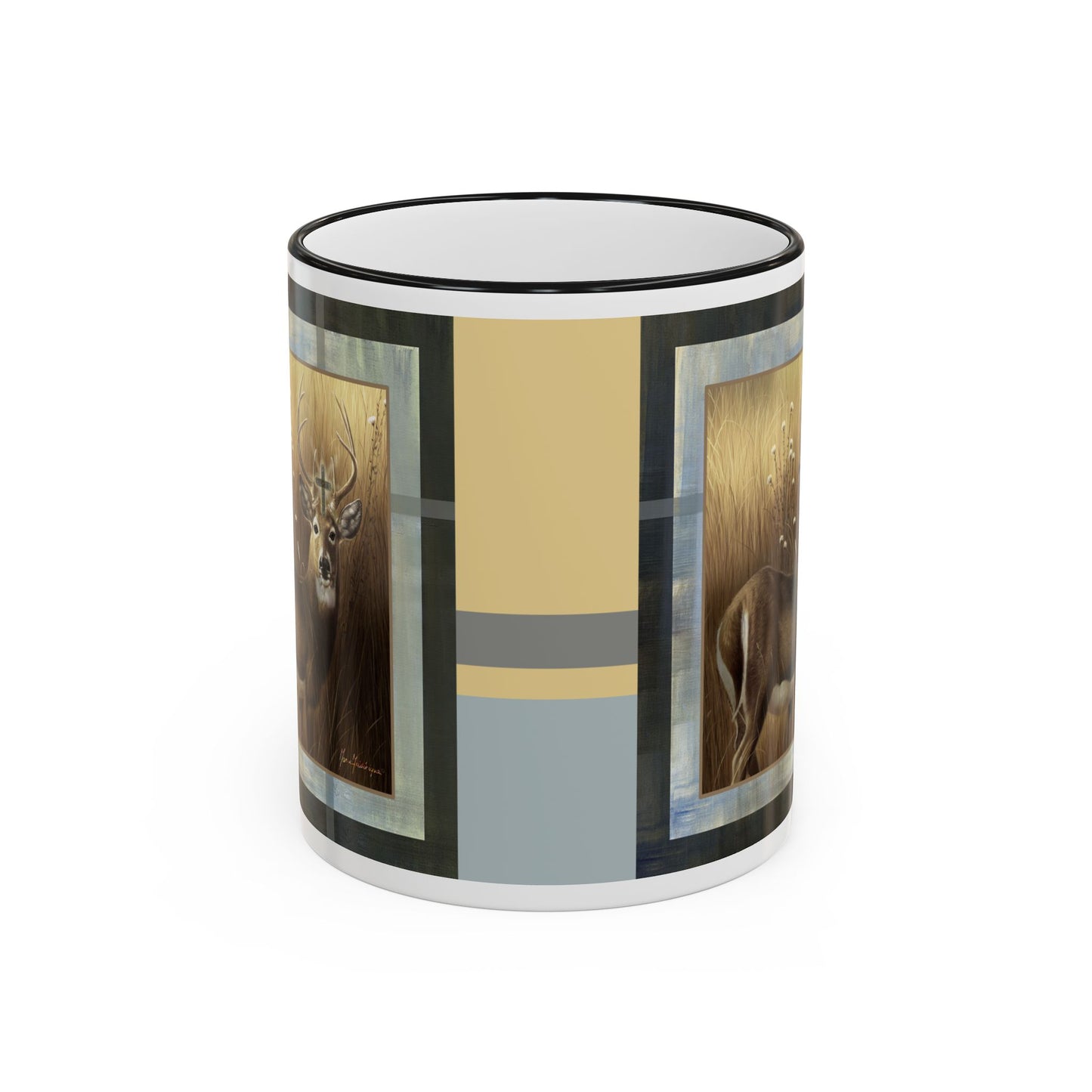 Christian Stag symbol, Deer Accent Rim Mug — 11oz & 15oz by artist Marie Frederique