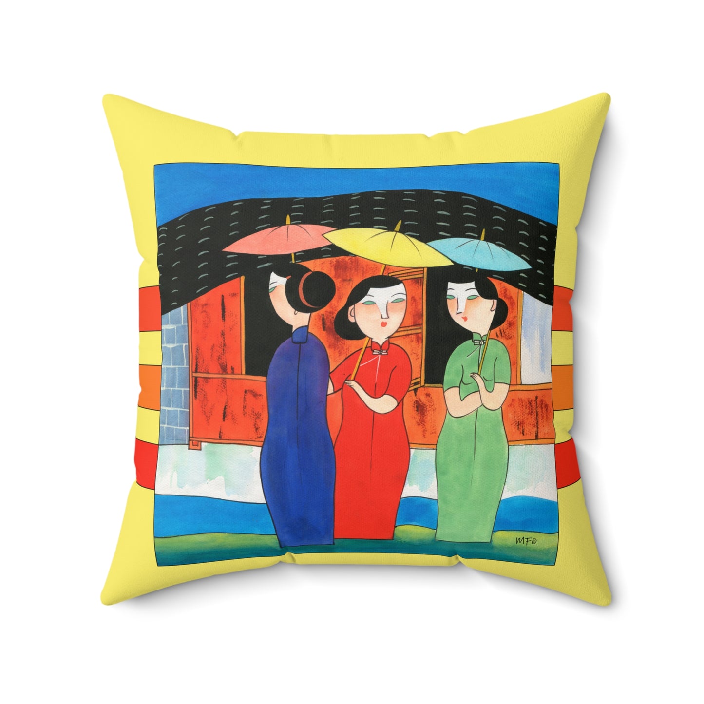 Exotic threesome walking with parasols - by artist Marie Frederique