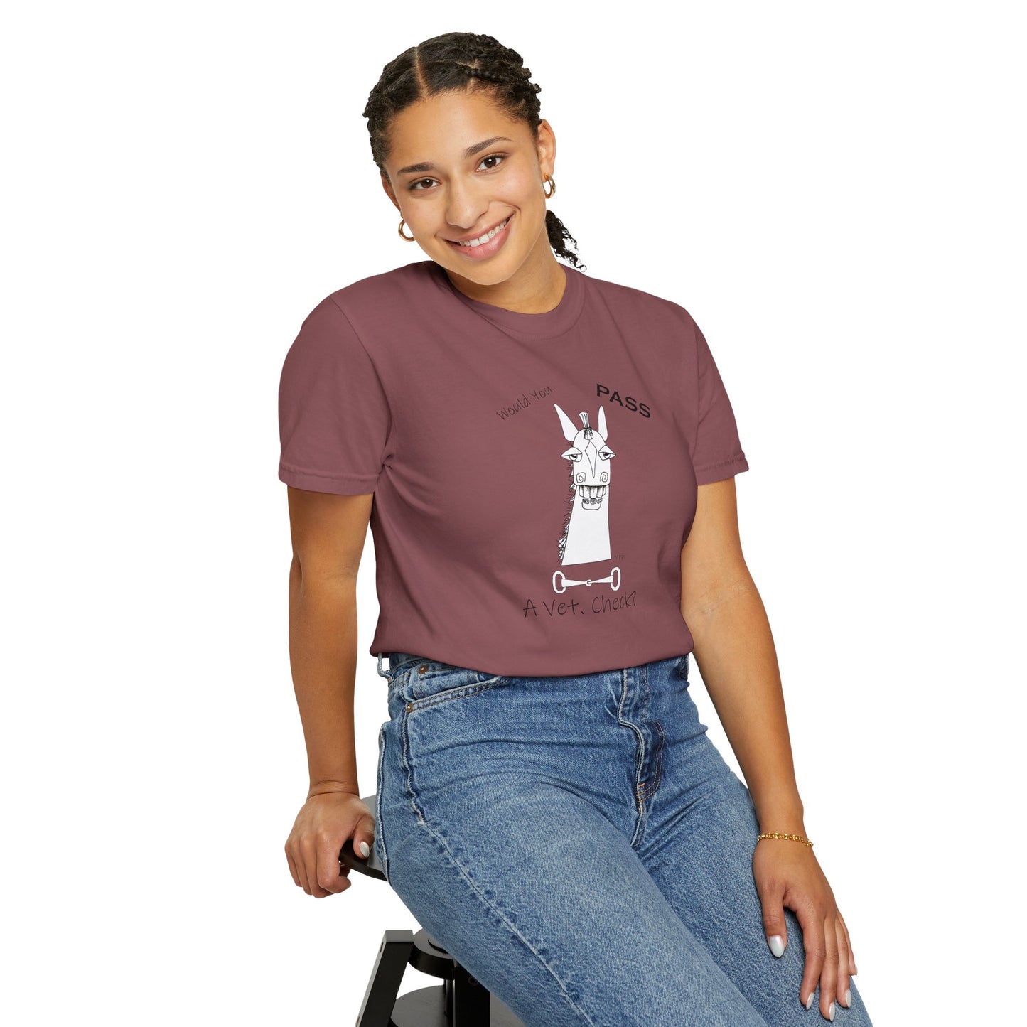 Vet Check - Whimsical horse poses the question "Would you PASS a Vet. Check?" Unisex Garment-Dyed T-shirt by artist Marie Frederique