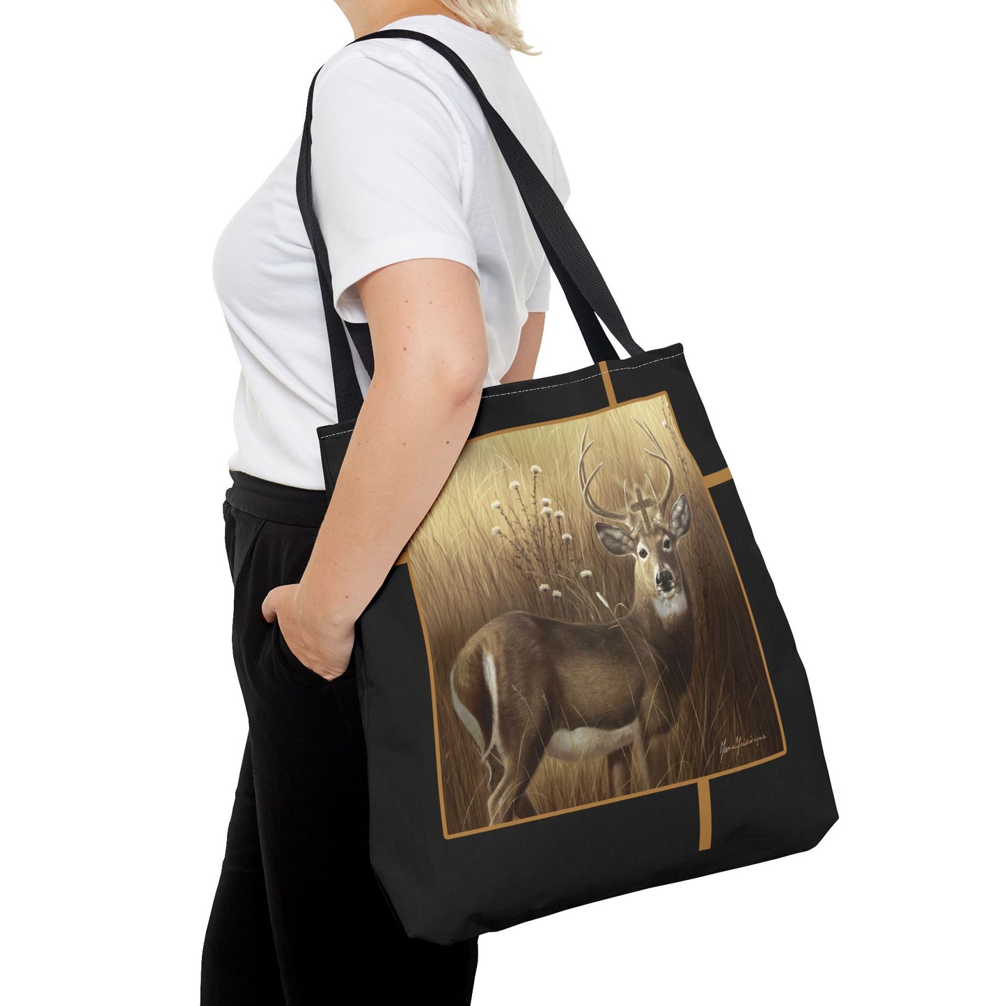 Deer Buck Tote Bag – Golden Meadow Wildlife Art Tote by artist Marie Frederique