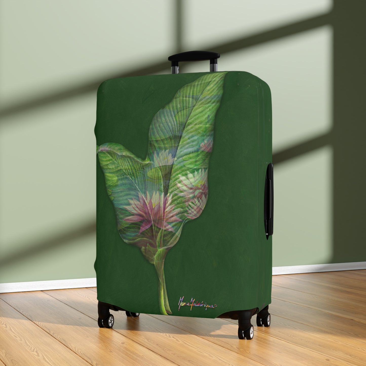 Luggage Cover, Pink Lotus flower and leaves on green By Artist Marie Frederique
