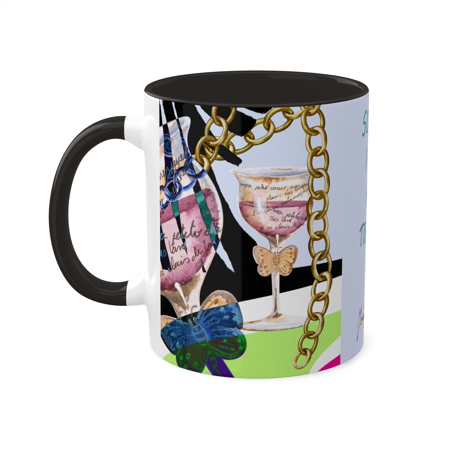 Haute Couture Colorful Mug in 4 color options of Black, Light Green, Light Blue and Pink 11oz By Artist Marie Frederique