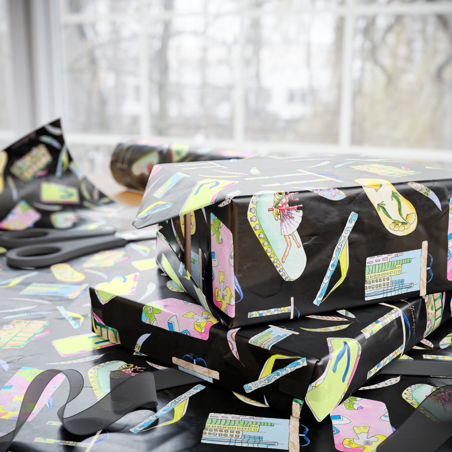 Flip Flop Pattern on Black (Beachy Gift Wrap) by artist Marie Frederique