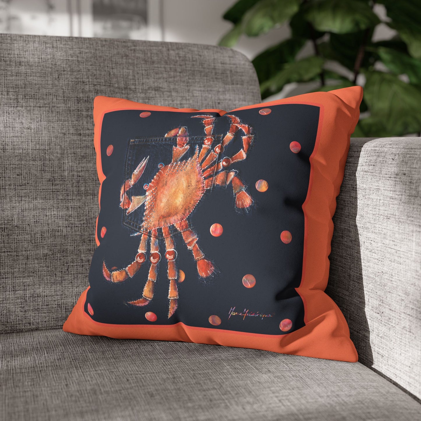 Crab Art Faux Suede Pillowcase — Orange Coastal Square Throw Pillow Cover by artist Marie Frederique