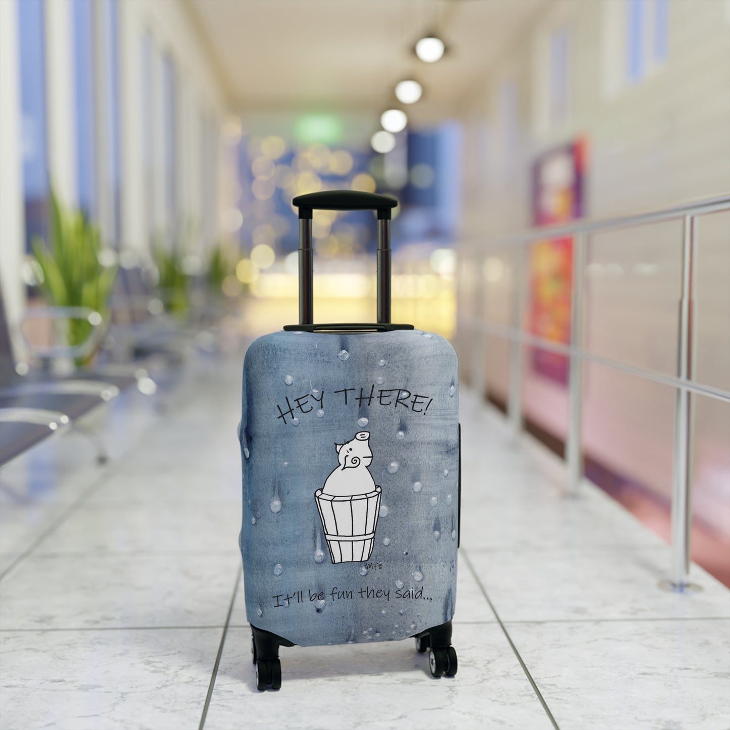 Luggage Cover, Mr. Pig - It'll be fun they said... on a blue wet look background by artist Marie Frederique