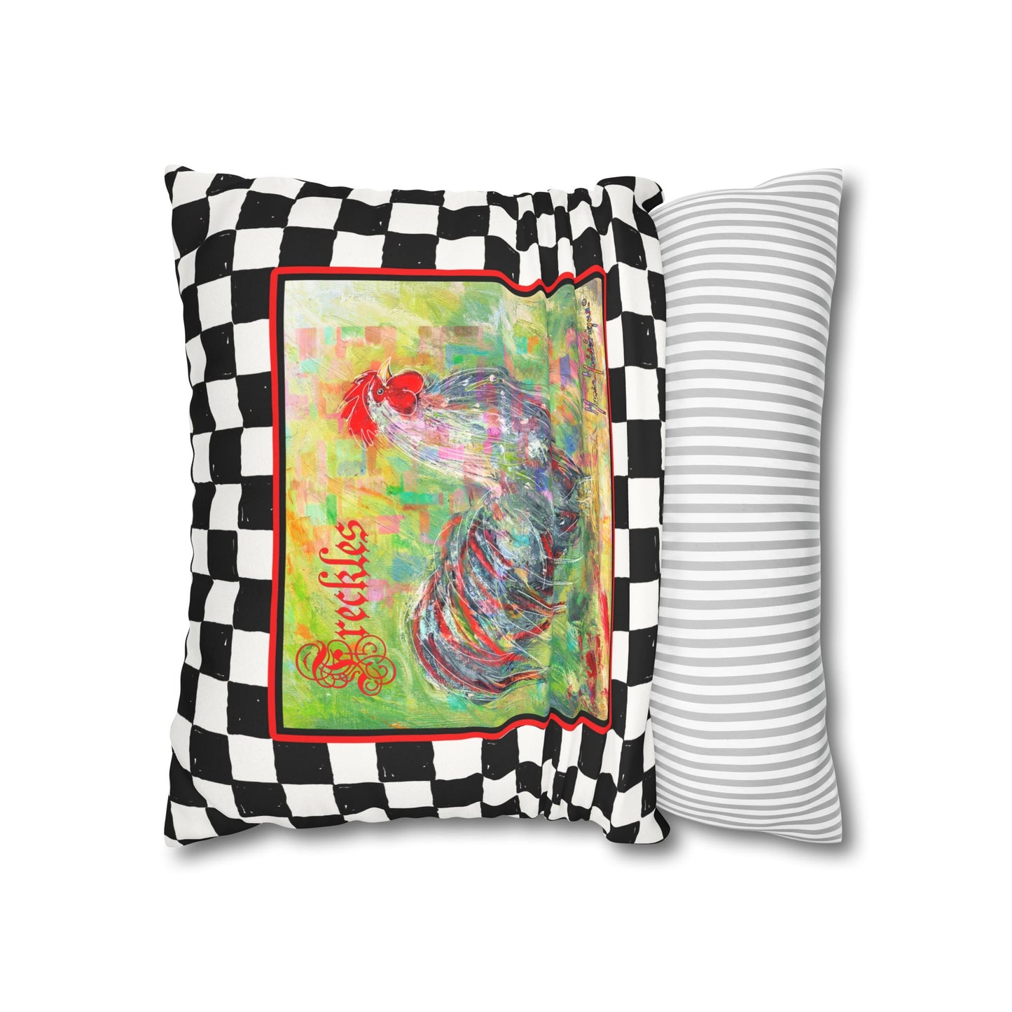 Rooster Checkered Faux Suede Pillowcase — "Freckles" Farmhouse Throw Pillow Cover by artist Marie Frederique