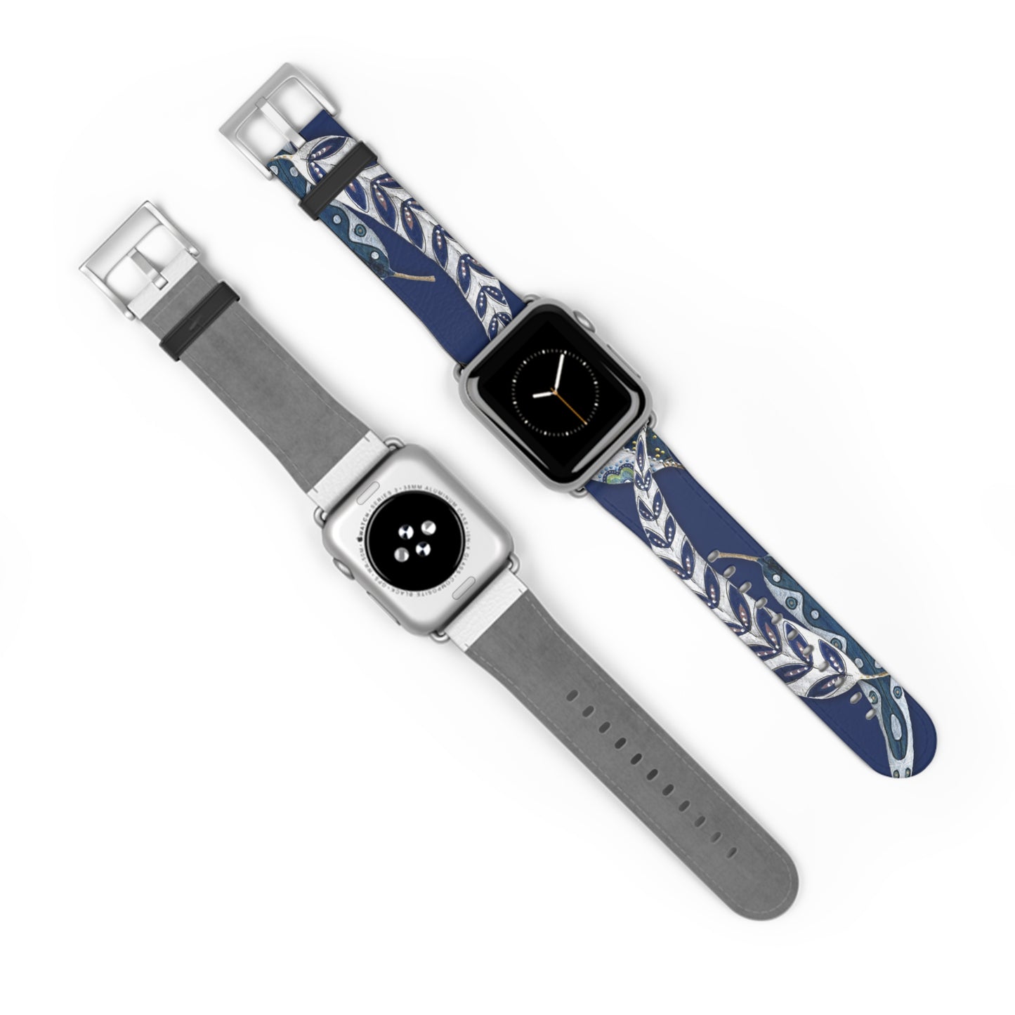 Blue Planet Series, Navy and White painted leaves on faux leather Watch Band by artist Marie Frederique