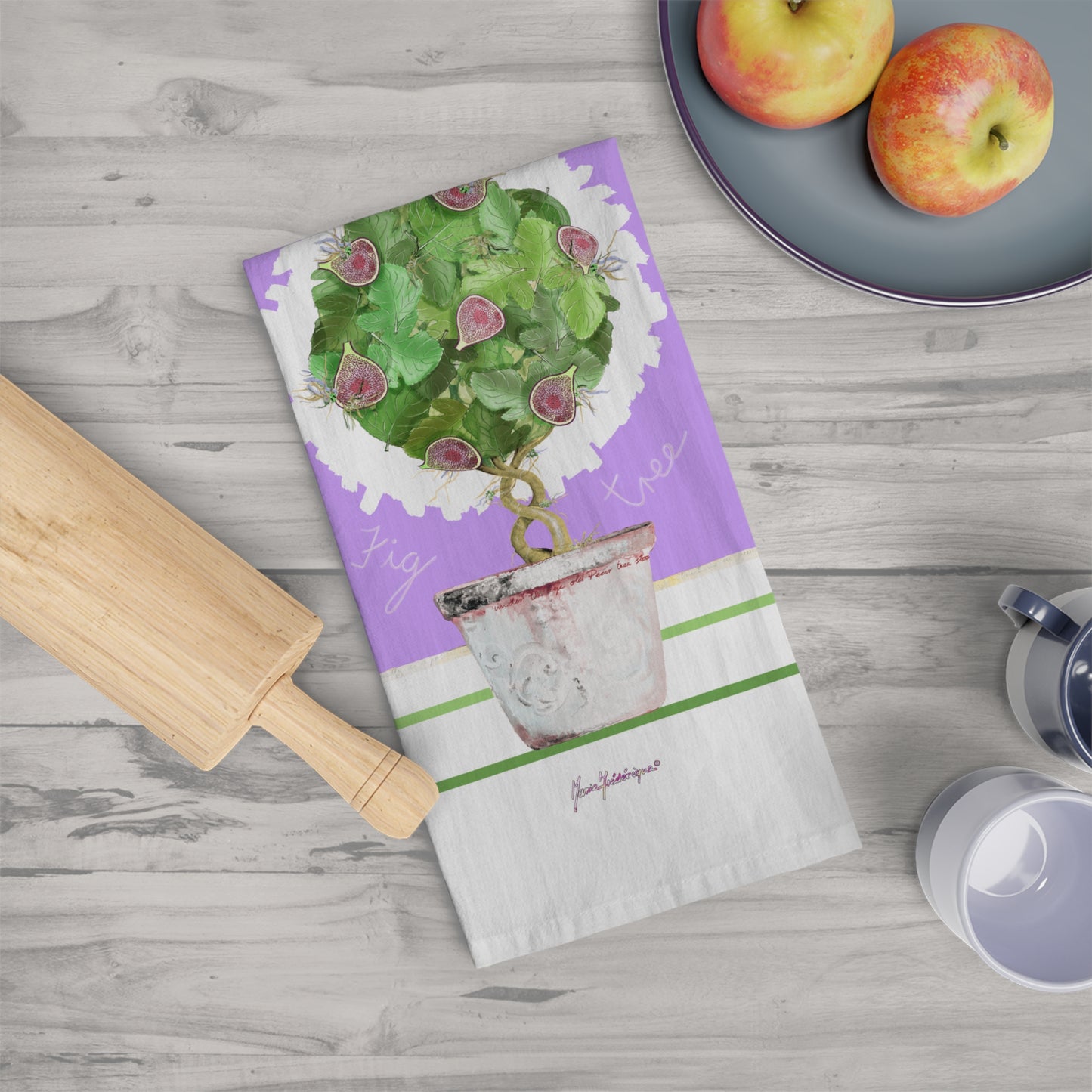 Potted Fig Topiary Kitchen/Tea Towel (Purple Background) by artist Marie Frederique