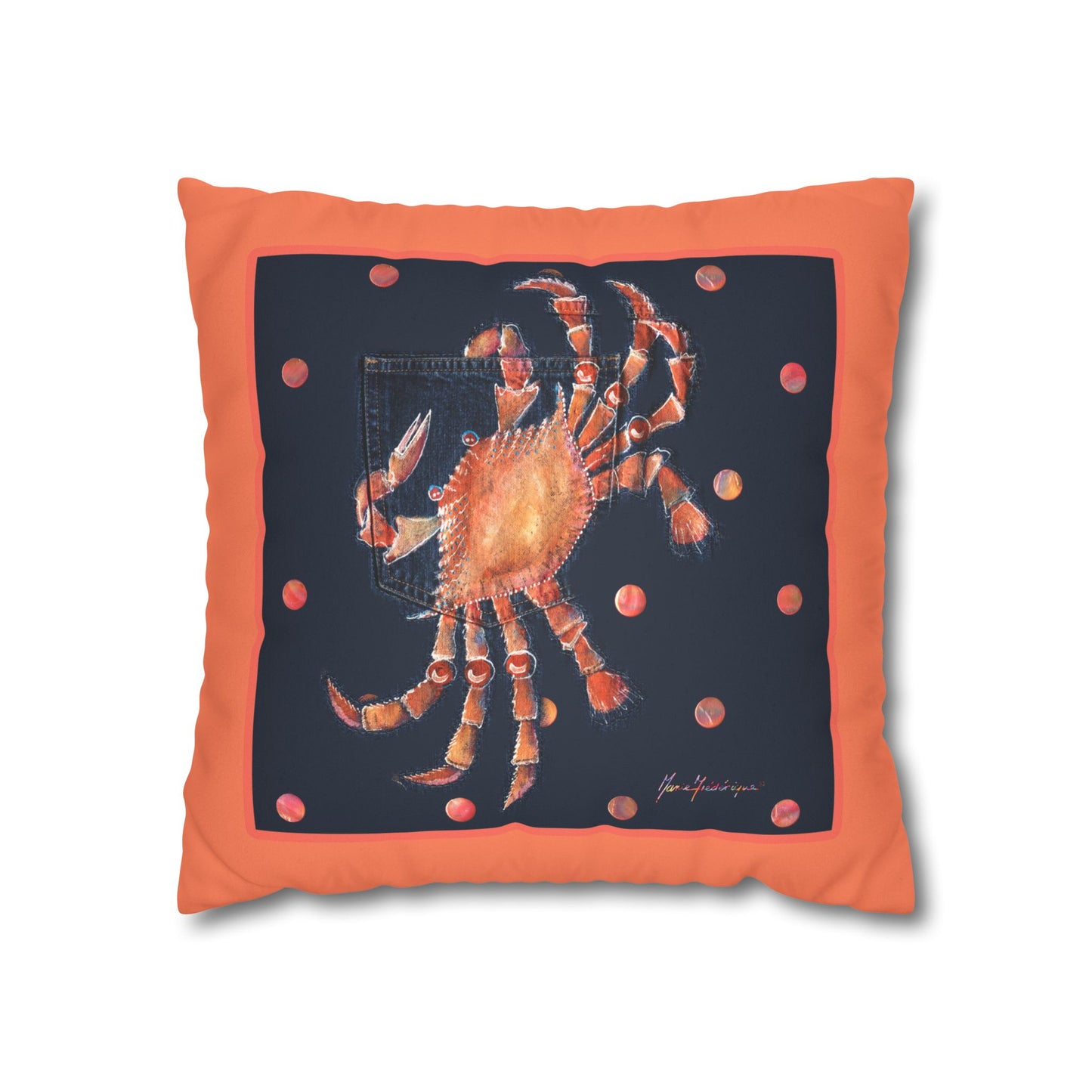 Crab Art Faux Suede Pillowcase — Orange Coastal Square Throw Pillow Cover by artist Marie Frederique