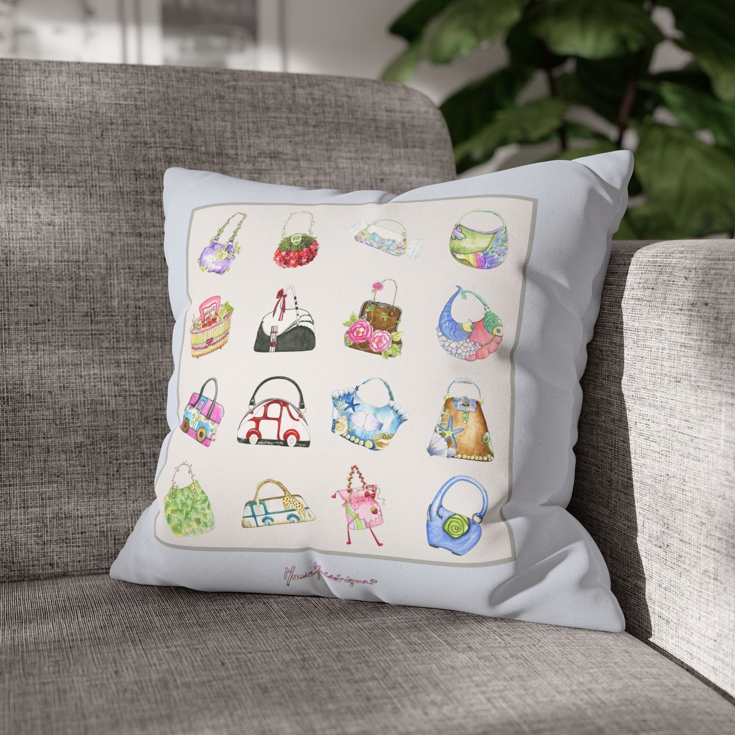 Handbag Illustration Faux Suede Pillowcase — Decorative Square Throw Pillow by artist Marie Frederique
