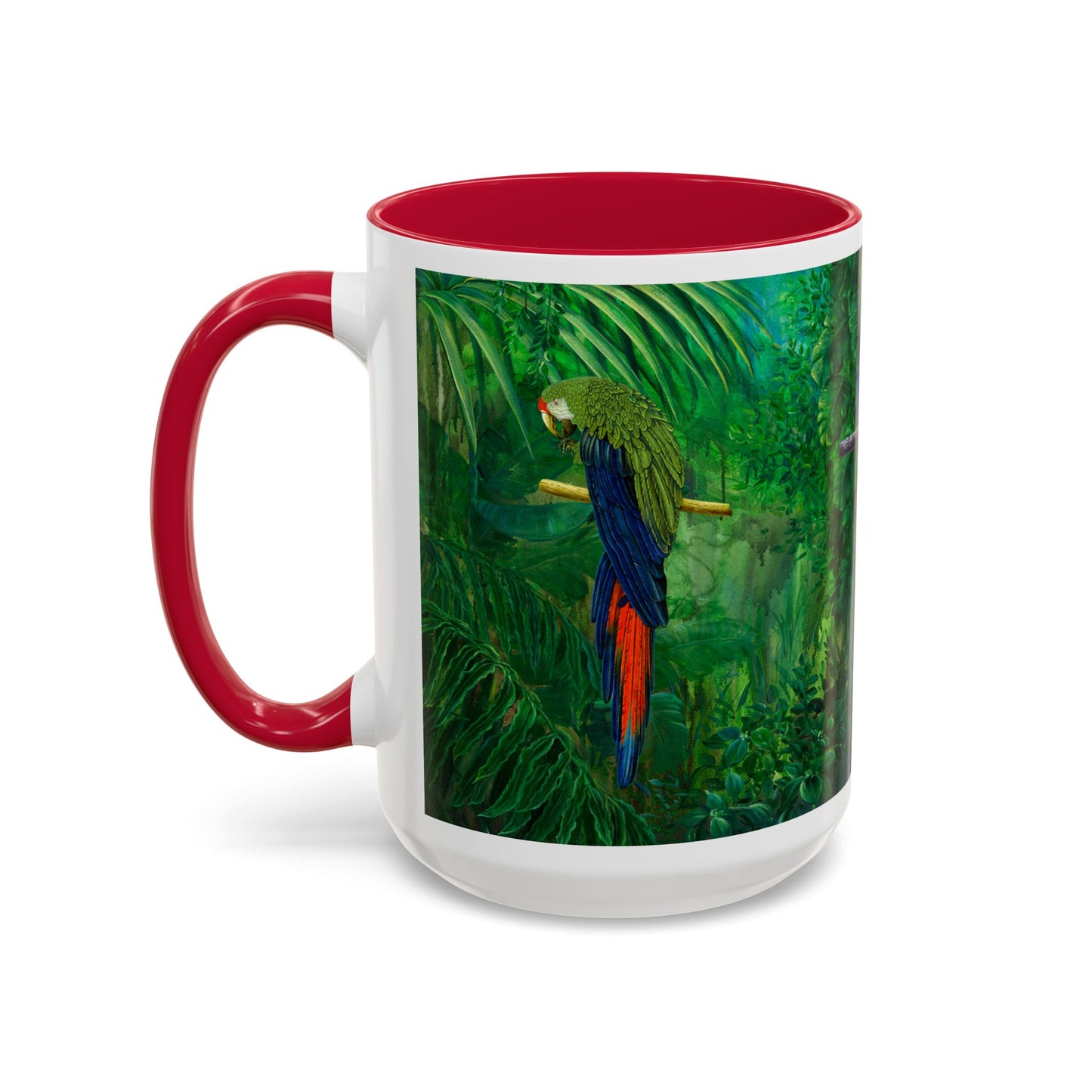 Parrots in Jungle Forest & Blue Iris mug by Artist Marie Frederique