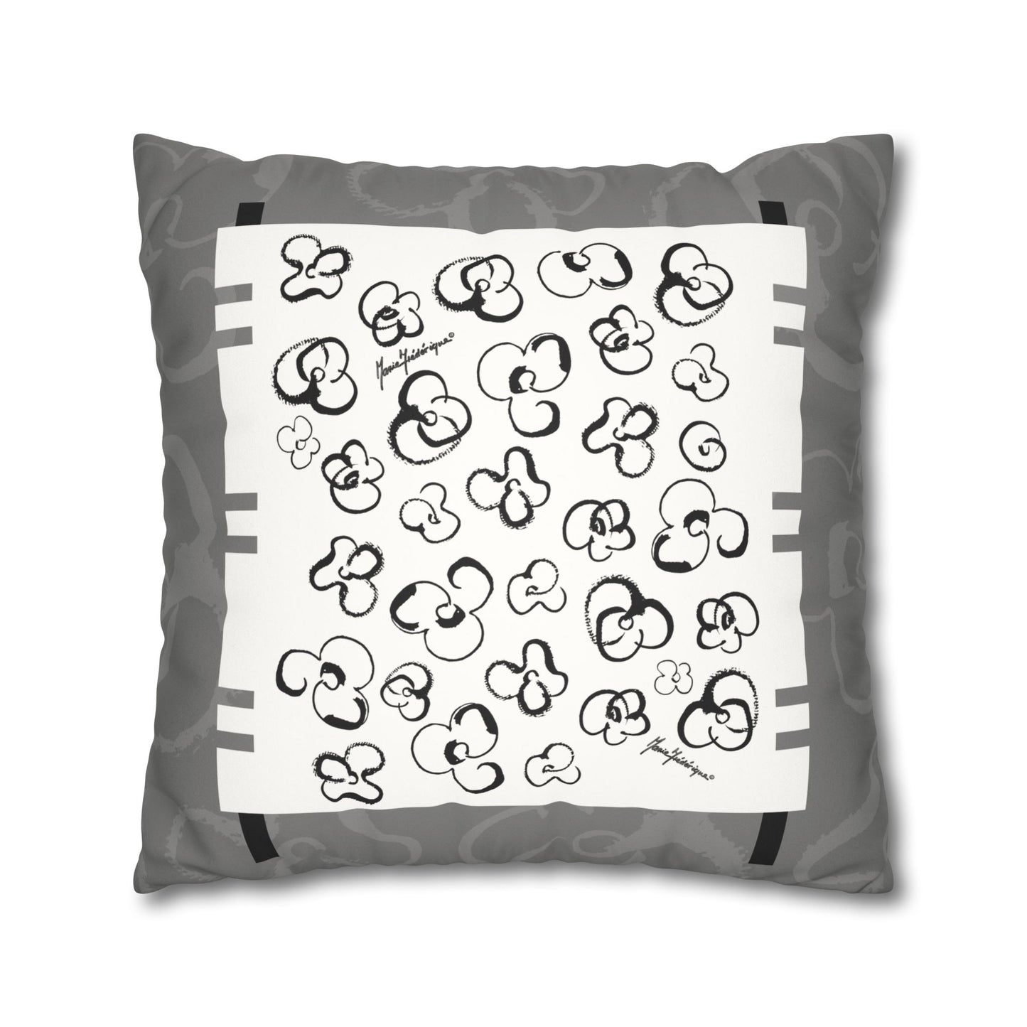 Black, White and Gray Floral Pop Art Faux Suede Pillowcase by artist Marie Frederique