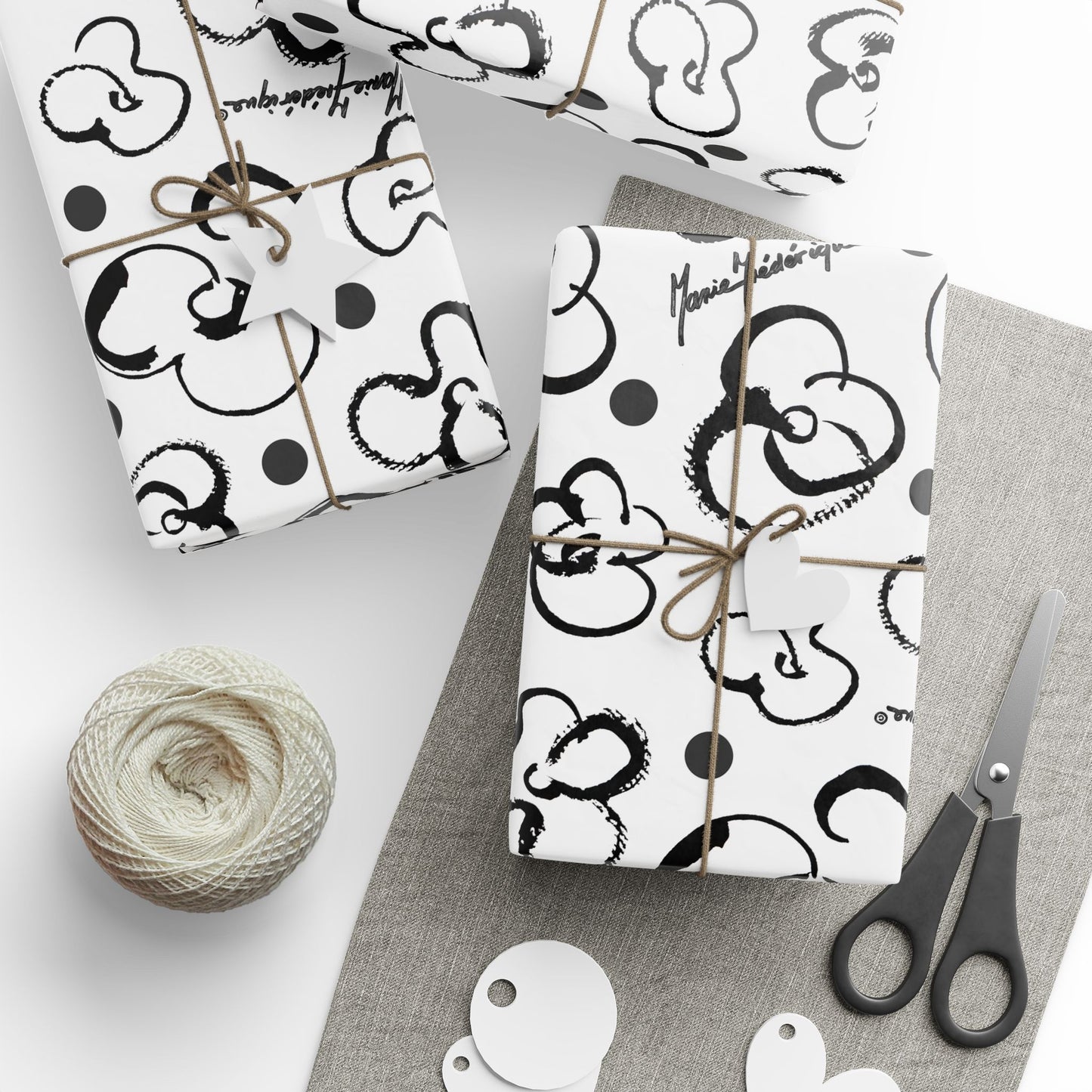 Floral Doodle brush Wrapping Paper Roll — Black & White Pattern by artist Marie Frederique