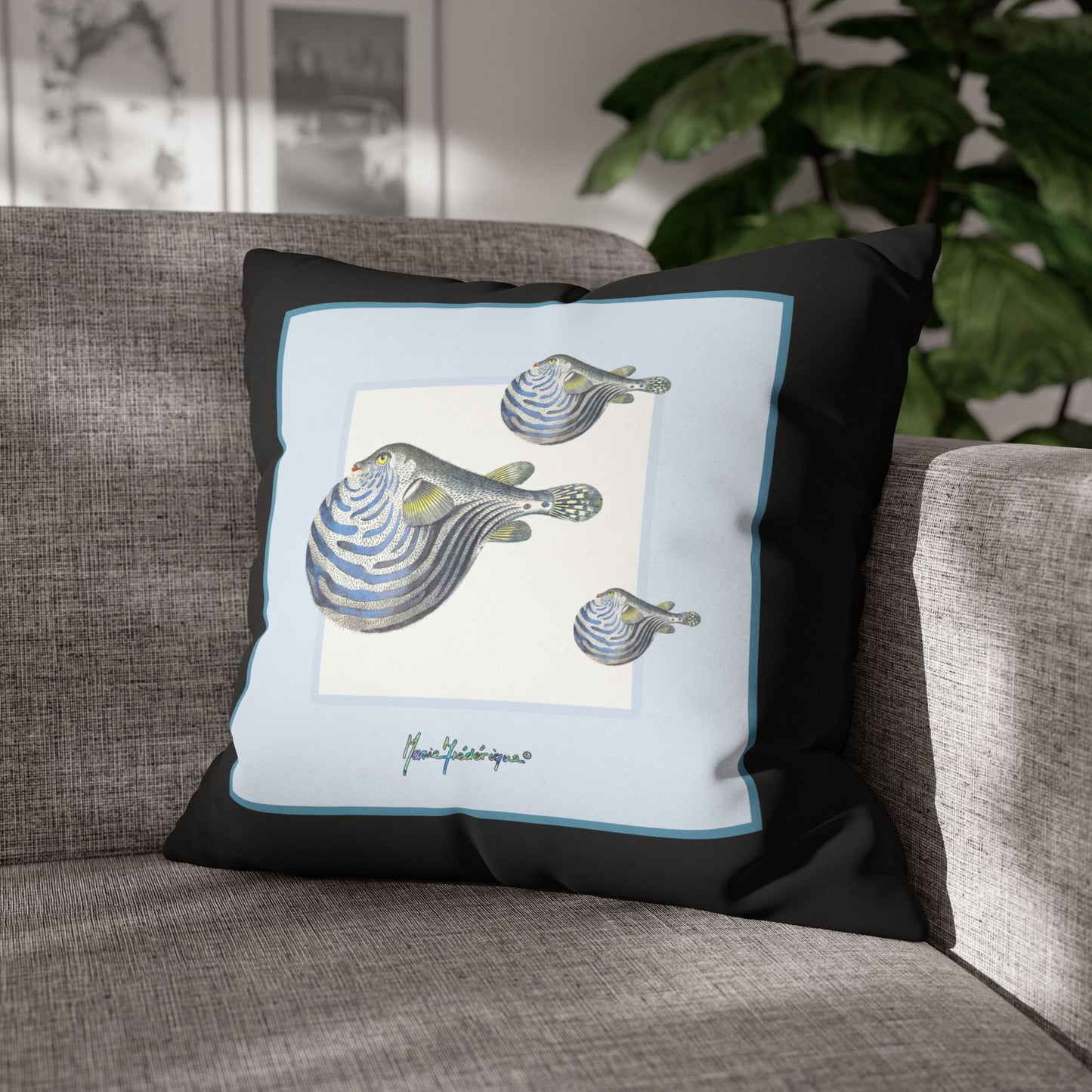 Blowfish Art Pillowcase - Faux Suede Square Decorative Throw Pillow by artist Marie Frederique