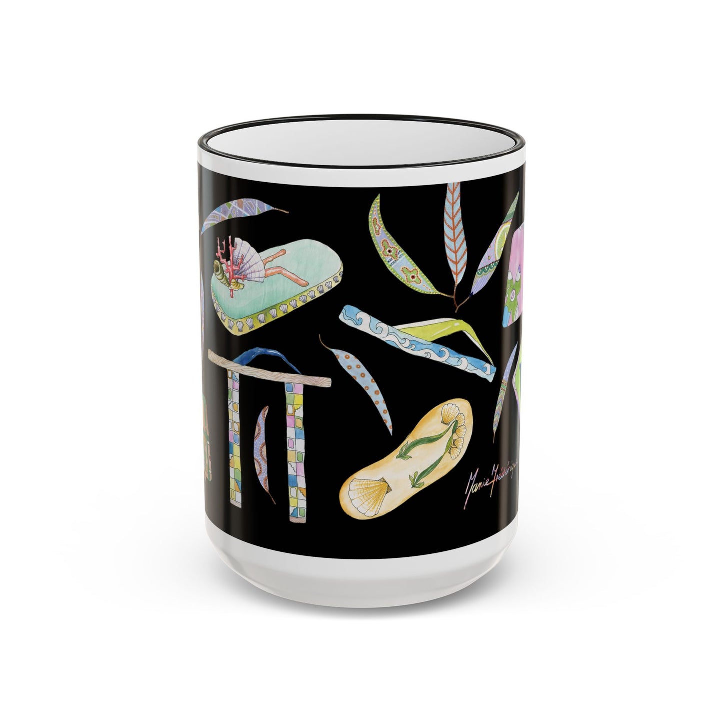 Vacation Fun Flip-Flop Accent Rim Mug — 11oz/15oz Ceramic Coffee Cup by artist Marie Frederique