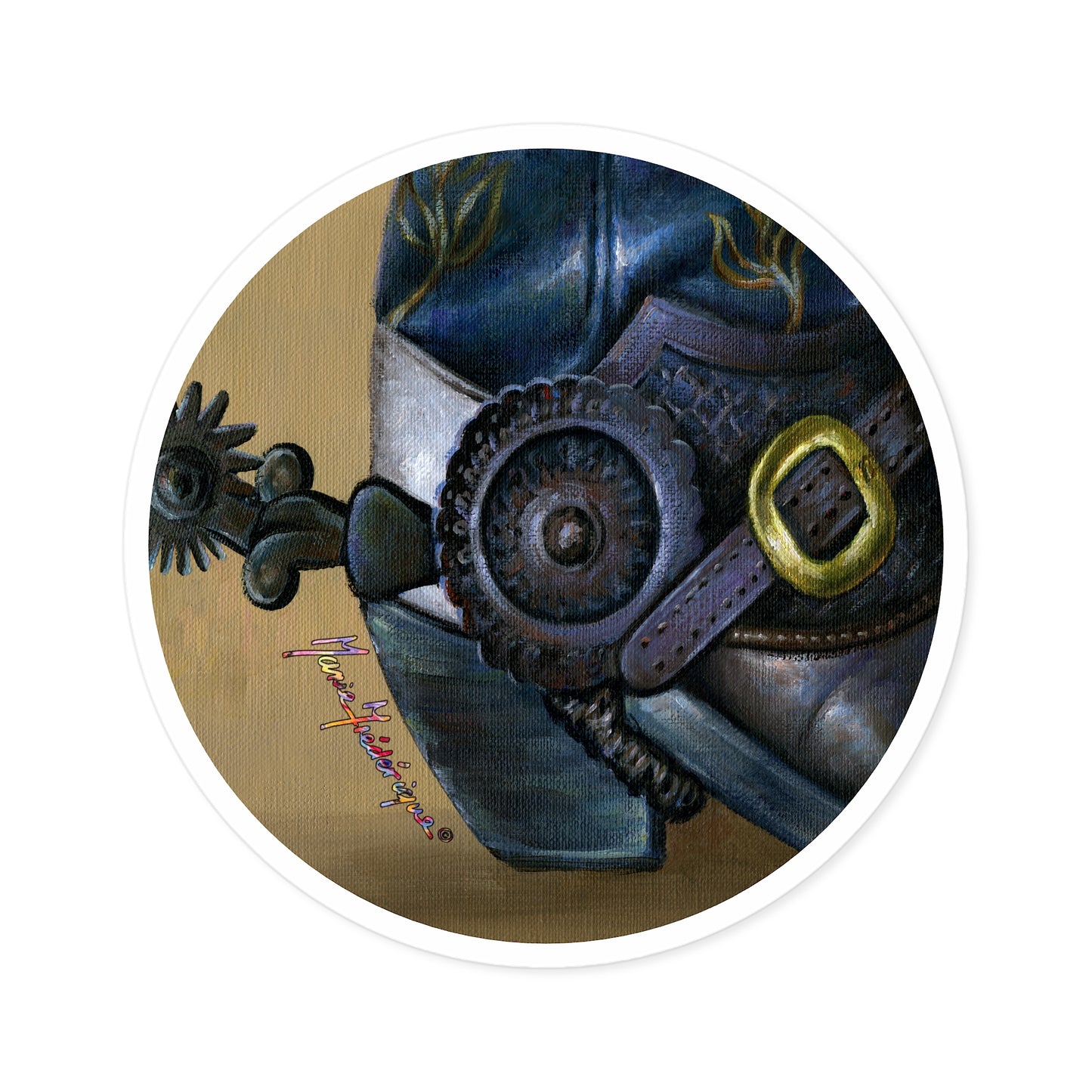 Cowboy boot and spur by Artist Marie Frederique, Round Stickers, Indoor\Outdoor