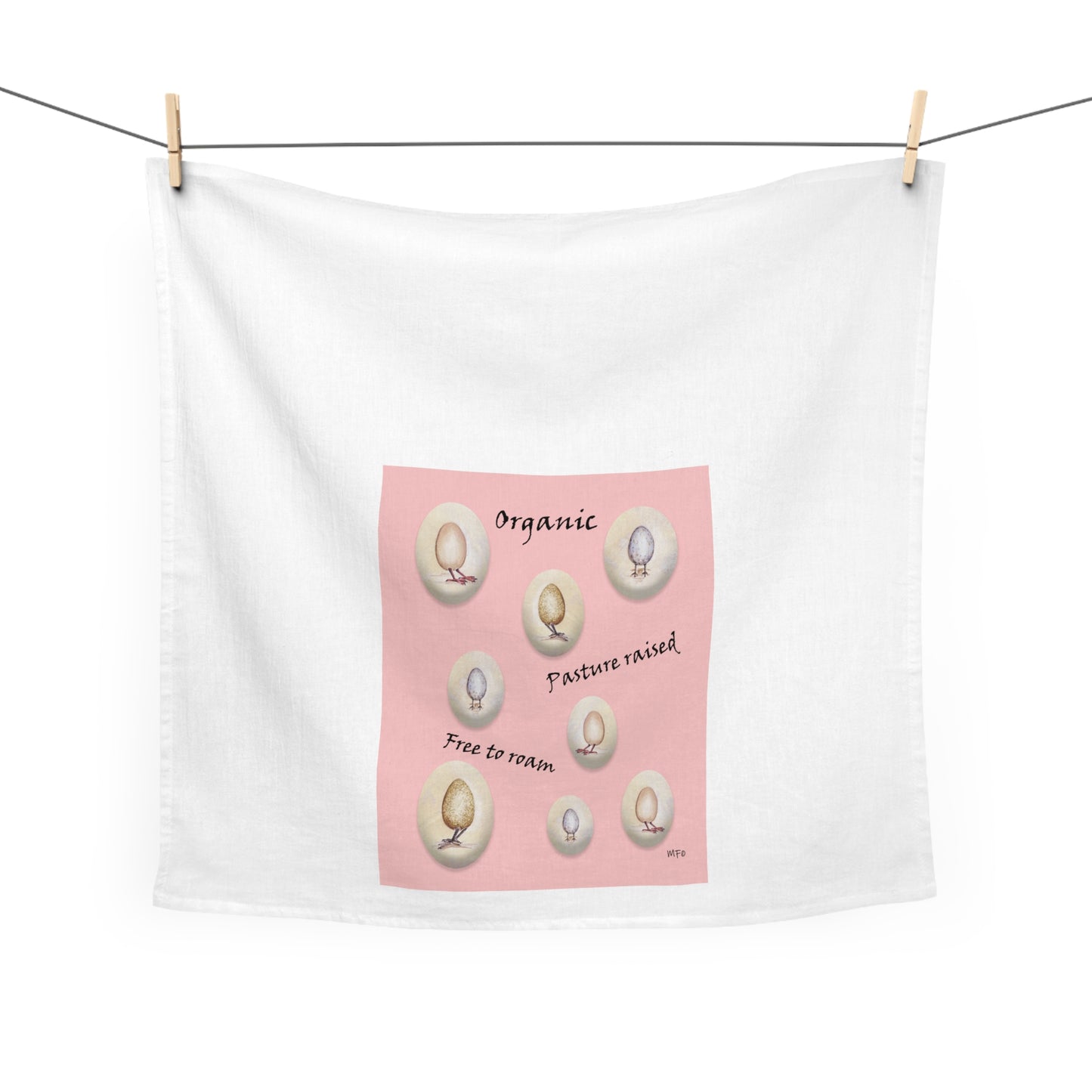 Whimsical Organic Eggs on legs Tea Towel - 'Free to Roam' Design by artist Marie Frederique