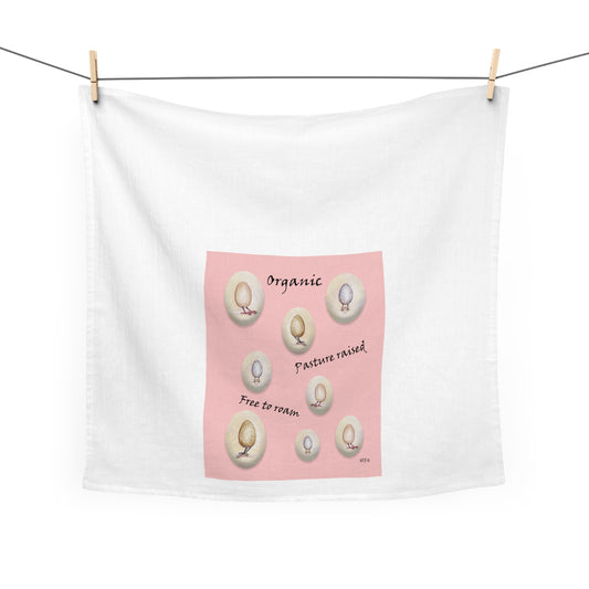 Whimsical Organic Eggs on legs Tea Towel - 'Free to Roam' Design by artist Marie Frederique