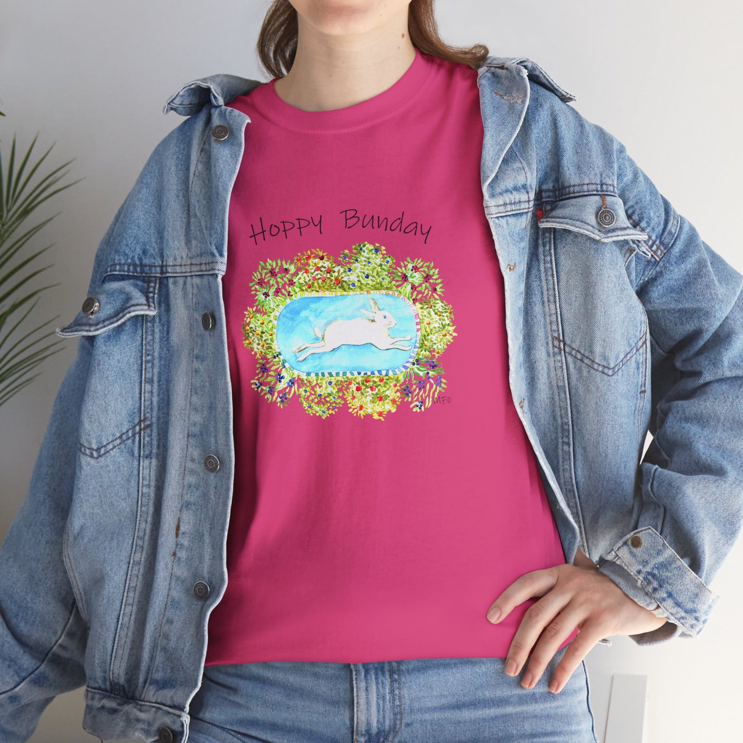 Hoppy Bunday Unisex Heavy Cotton Tee - Fun Spring T-Shirt for Bunny Lovers by artist Marie Frederique