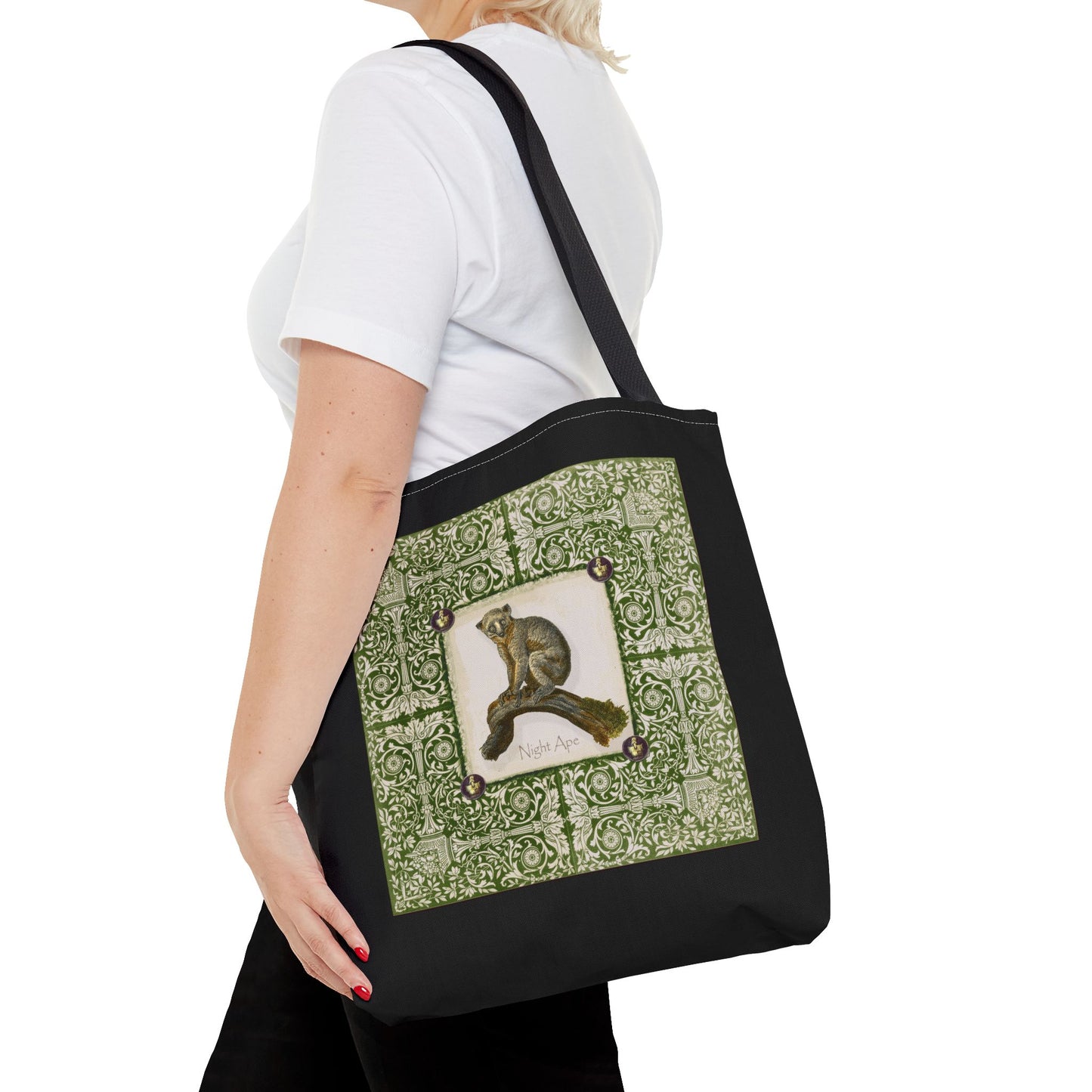 Bush Baby (Pookie), green on black Tote Bag by artist Marie Frederique