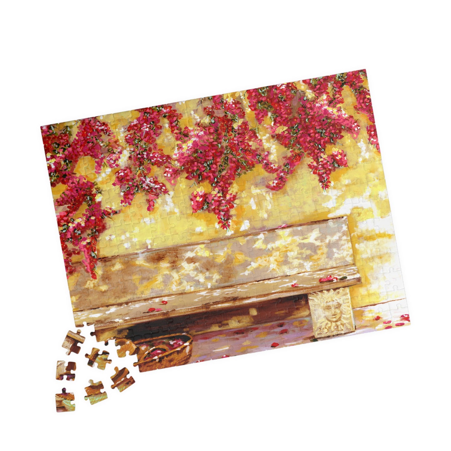 My Happy place - Bougainvillea Pink flowers and a stone bench, Jigsaw Puzzle by Artist Marie Frederique - Puzzle 1014-piece