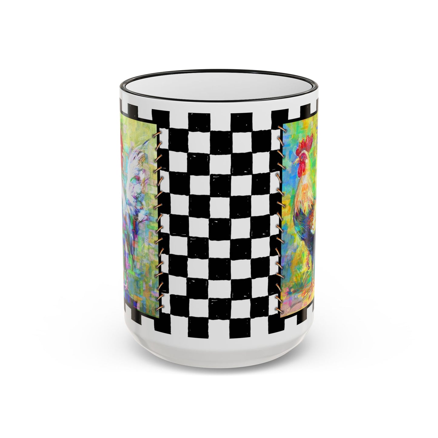 Checkerboard Chickens Accent Mug — Pedro & Fan Fair, Colorful Abstract Rooster Design (11oz, 15oz) by artist Marie Frederique