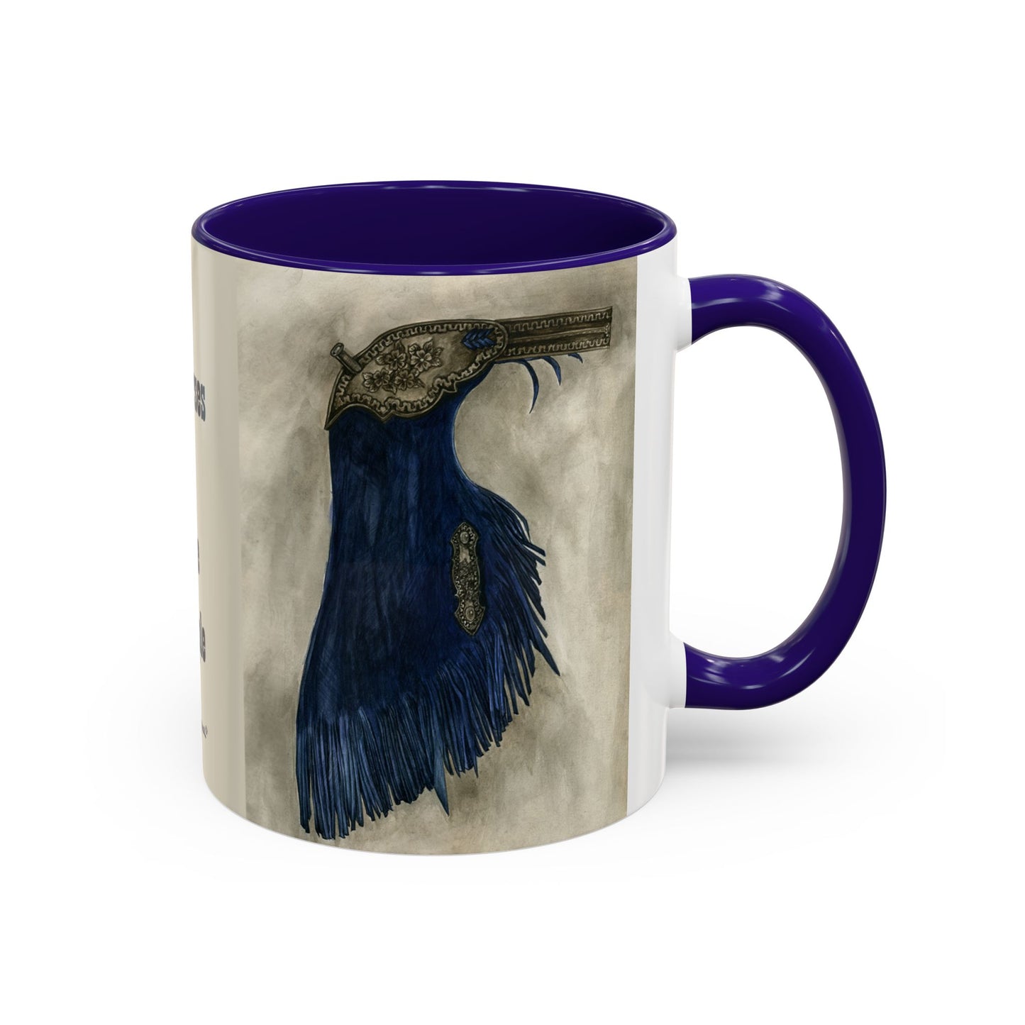 I like horses and maybe 3 people, Blue Chaps Western Equitation Colorful Mug by Artist Marie Frederique