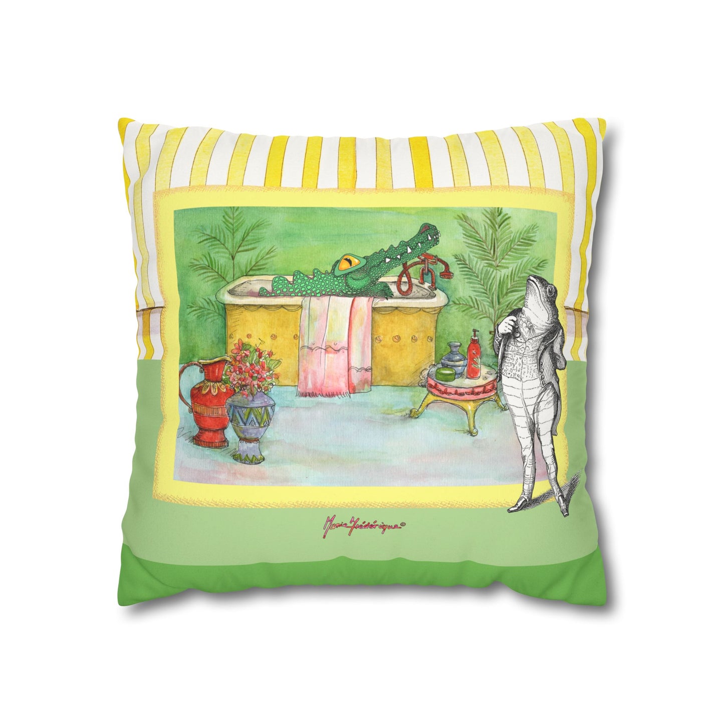 Alligator Bathtub Illustration Throw Pillowcase — Whimsical Bathroom Art Decor by artist Marie Frederique