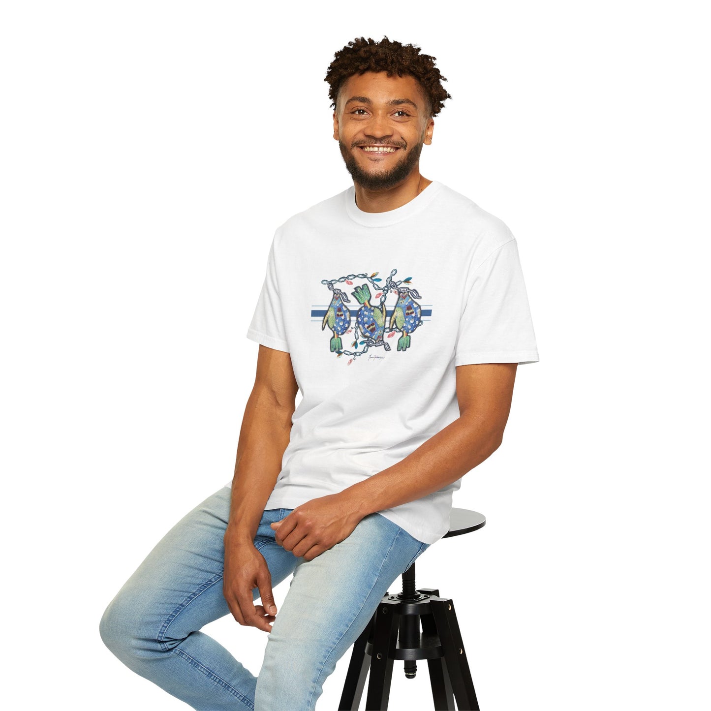 Three fish Parade Graphic T-Shirt — Playful Coastal Design by artist Marie Frederique