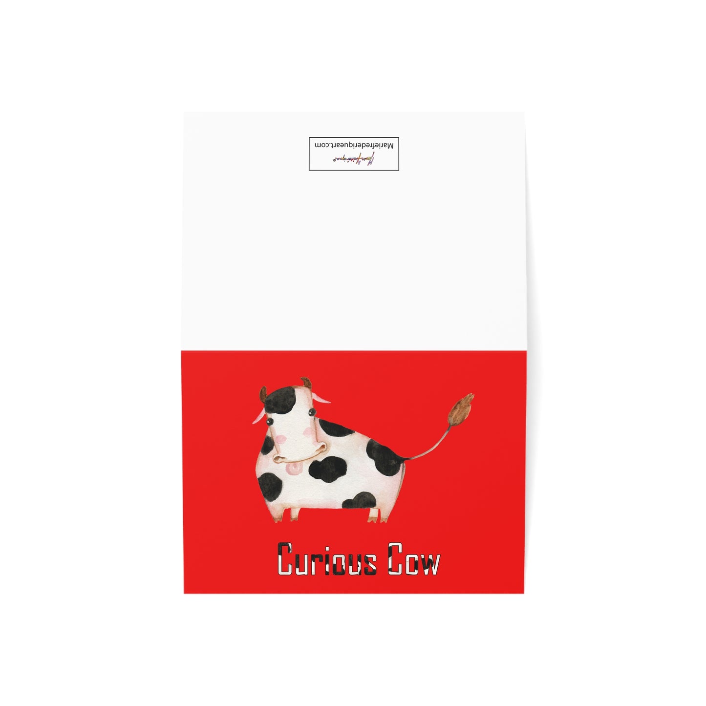 Cow - Curious Cow in red, blank Greeting Card by Artist Marie Frederique