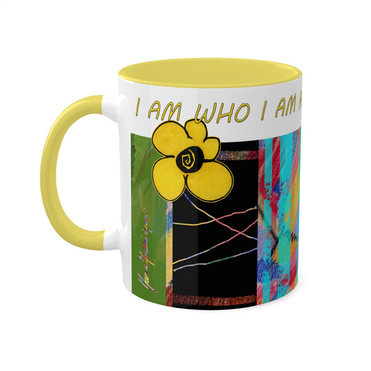 I am who I am and that is enough, MANTRA multicolored abstract Colorful Mugs, in Maroon, Yellow, Light Green and Light Blue11oz by artist Marie Frederique