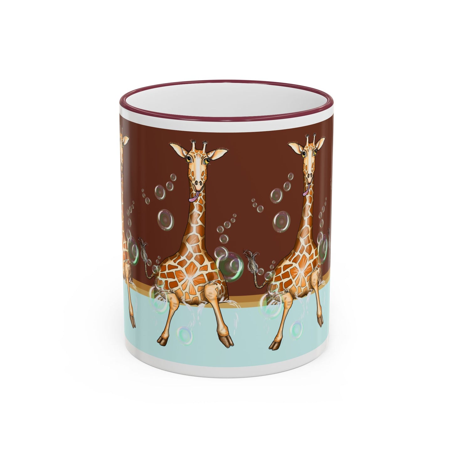 Giraffe Bubbles Accent Rim Mug — Cute Safari Animal Coffee Cup (11oz/15oz) by artist Marie Frederique
