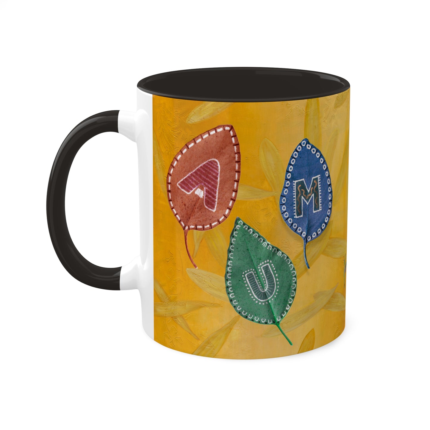 OM/AUM Alphabet leaves painted spelling OM and AUM in 5 color options of Red, Maroon, Black, Yellow and Cambridge Blue Mugs, 11oz By Artist Marie Frederique